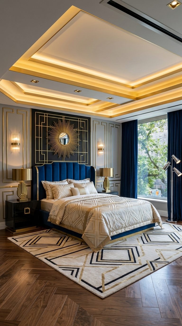 Neo-Deco bedroom with sapphire blue velvet headboard, black lacquer nightstands and gold sunburst mirror