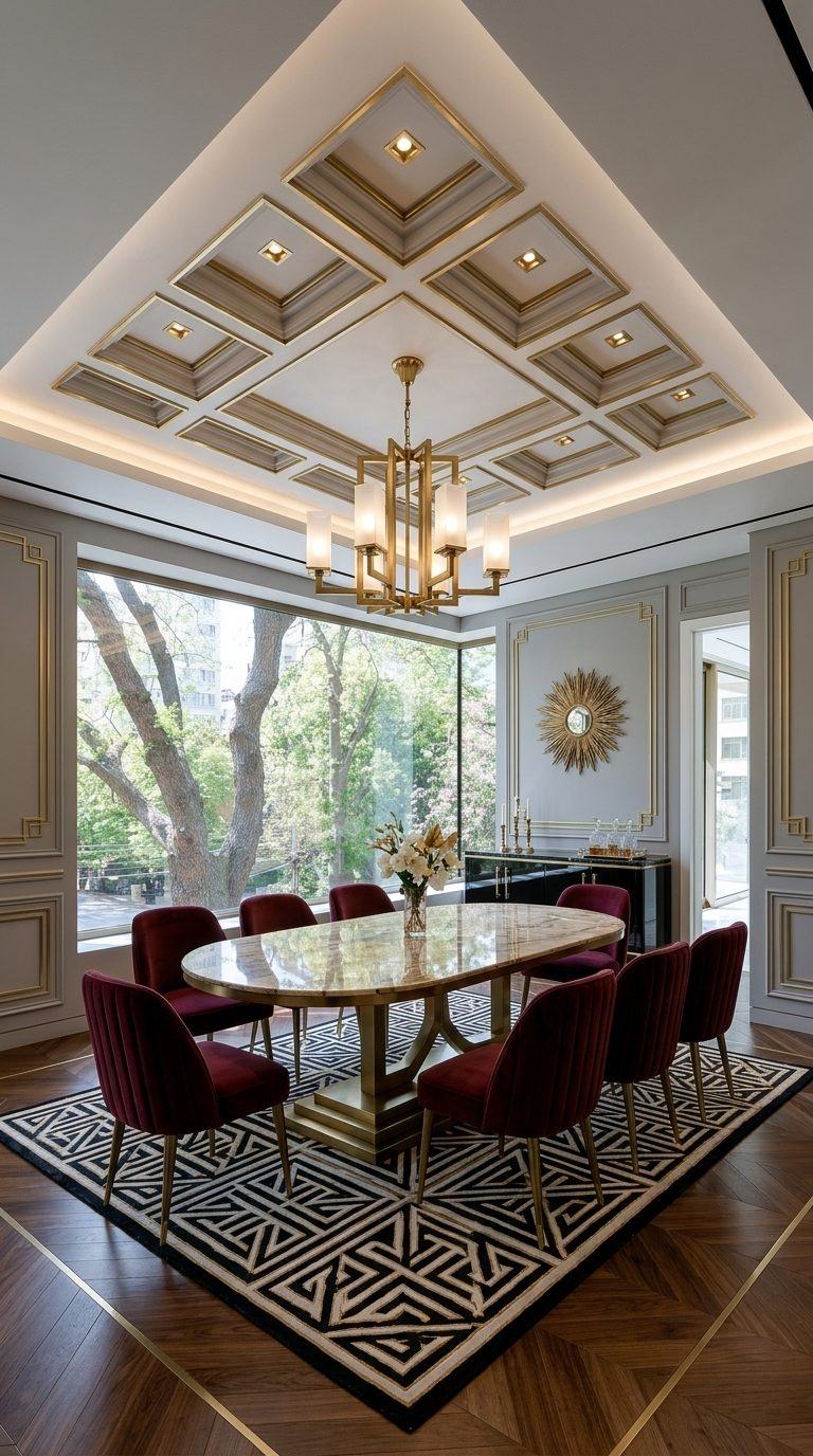 Neo-Deco dining room with oval marble table, deep burgundy velvet chairs and geometric brass chandelier