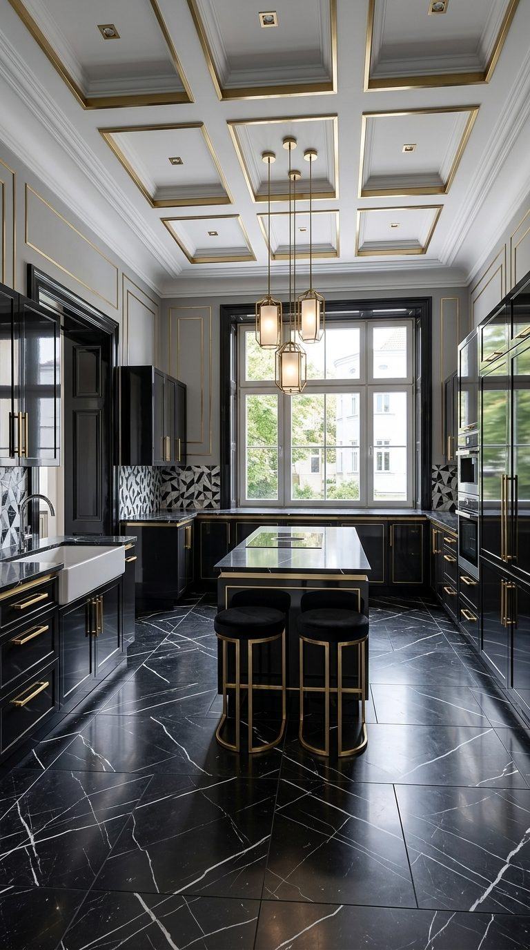 Neo-Deco kitchen design with high-gloss black lacquer cupboards, brass lantern pendants and black marble floor tiles