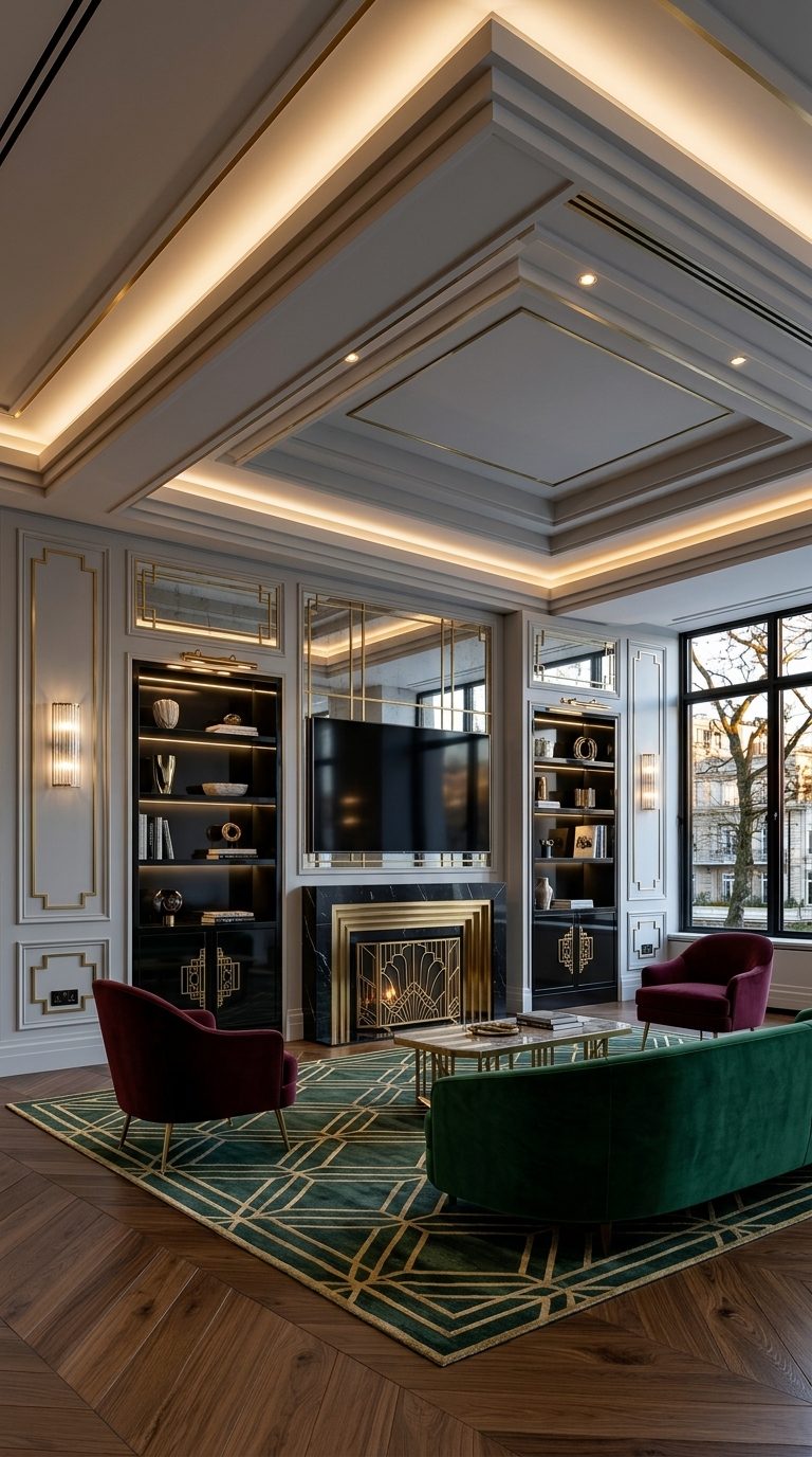 Neo-Deco media wall with black marble fireplace, brass picture lights and smoked mirror panelling