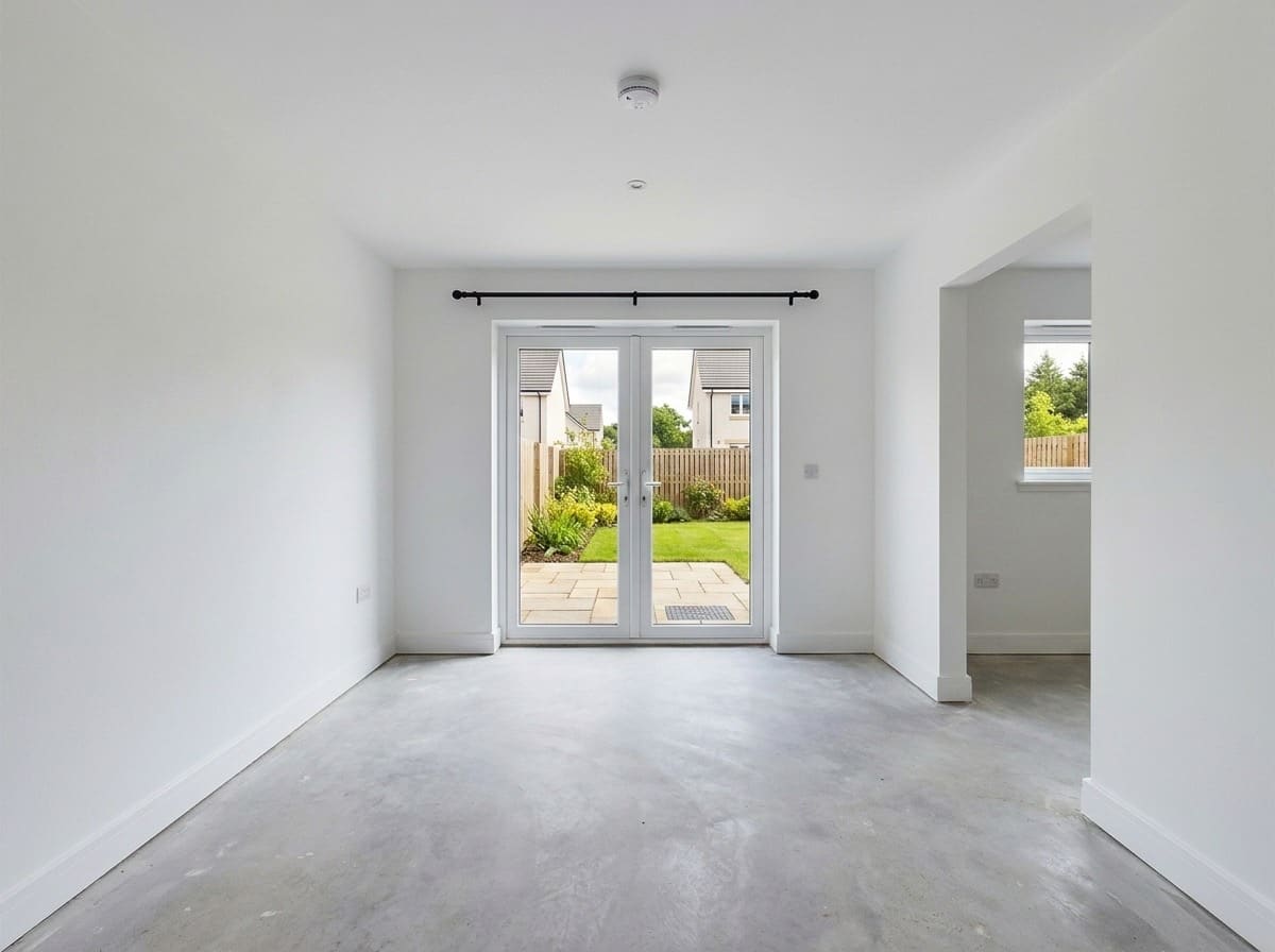Empty dining room before the AI design — French doors to the garden and bare screed floor
