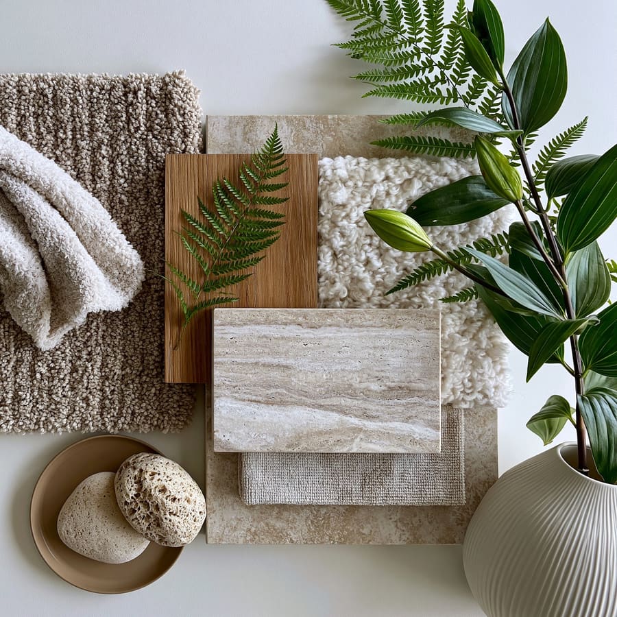 The mood board used to design the entire home — oatmeal carpet texture, cream bouclé fabric, warm oak, travertine stone, woven jute and green botanicals
