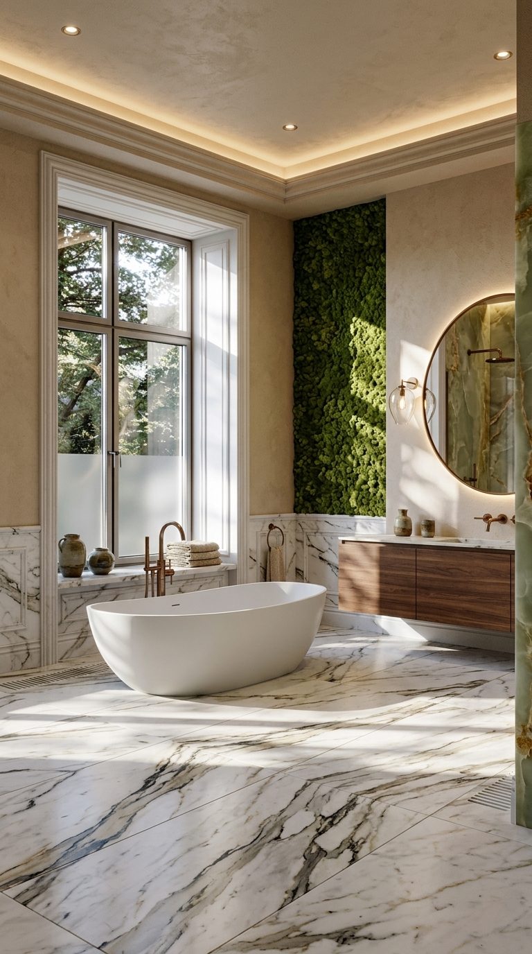 Organic luxe bathroom with sculptural matte white bath, marble floor, moss wall and walnut vanity
