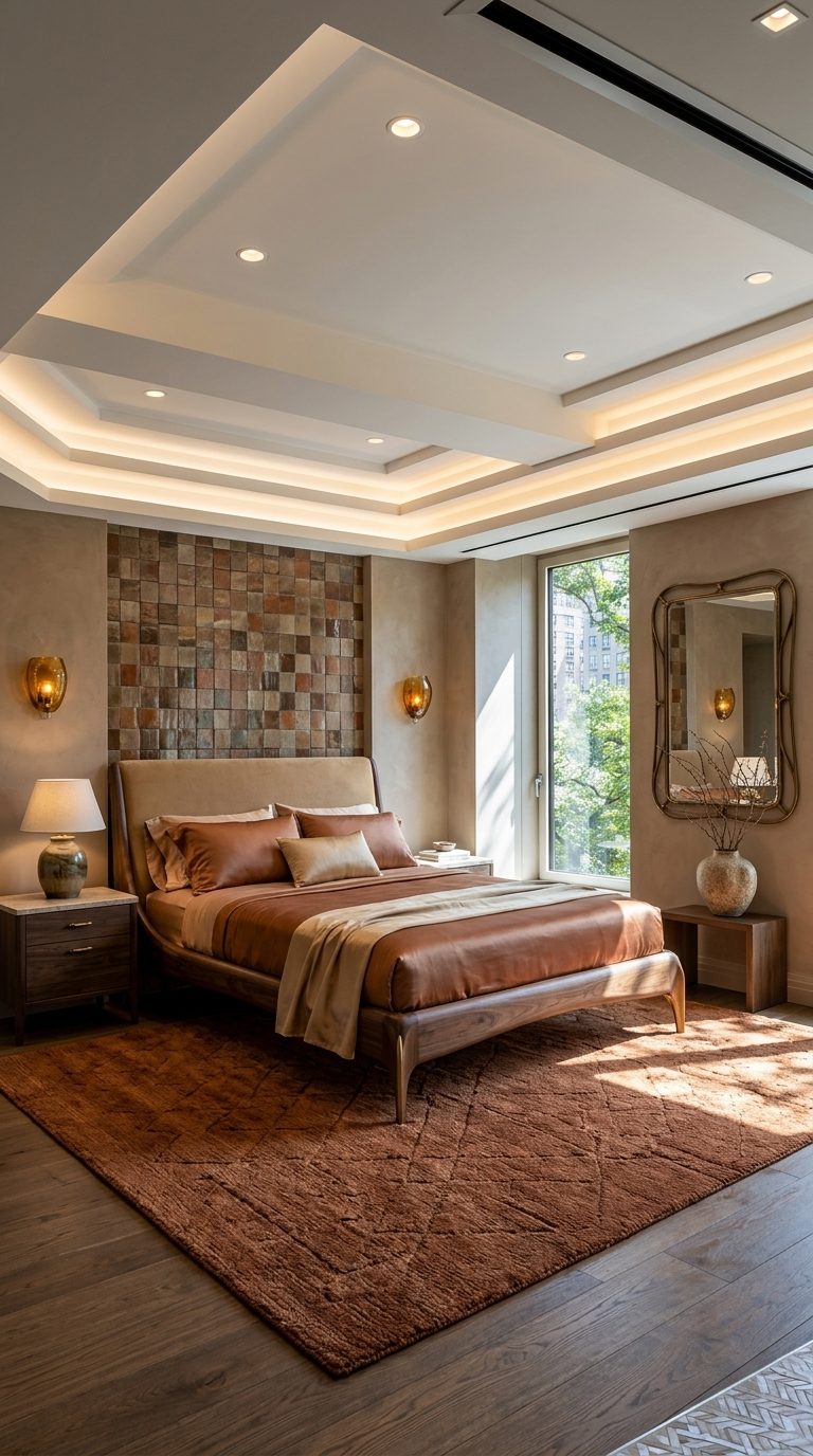 Organic luxe bedroom with sculptural walnut bed, rust silk bedding and amber blown glass sconces