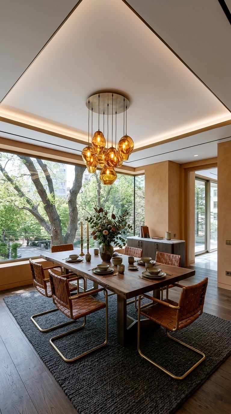 Organic luxe dining room with live-edge walnut table, woven leather chairs and amber blown glass chandelier