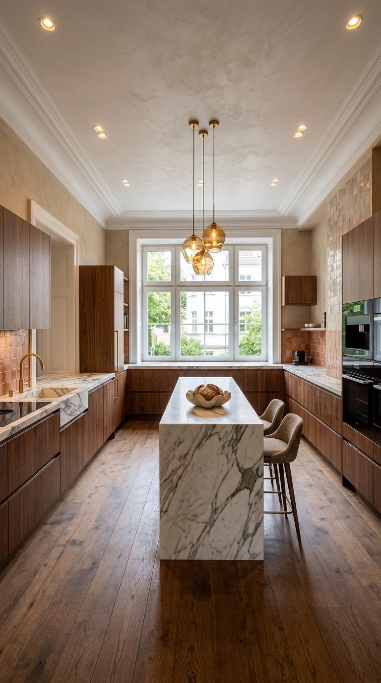 Organic luxe kitchen with Calacatta marble waterfall island, walnut handleless cupboards and blown glass pendants