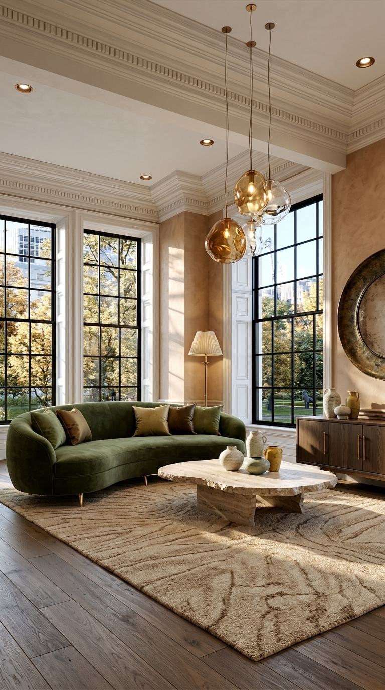 Organic luxe living room with curved moss green velvet sofa and freeform travertine coffee table