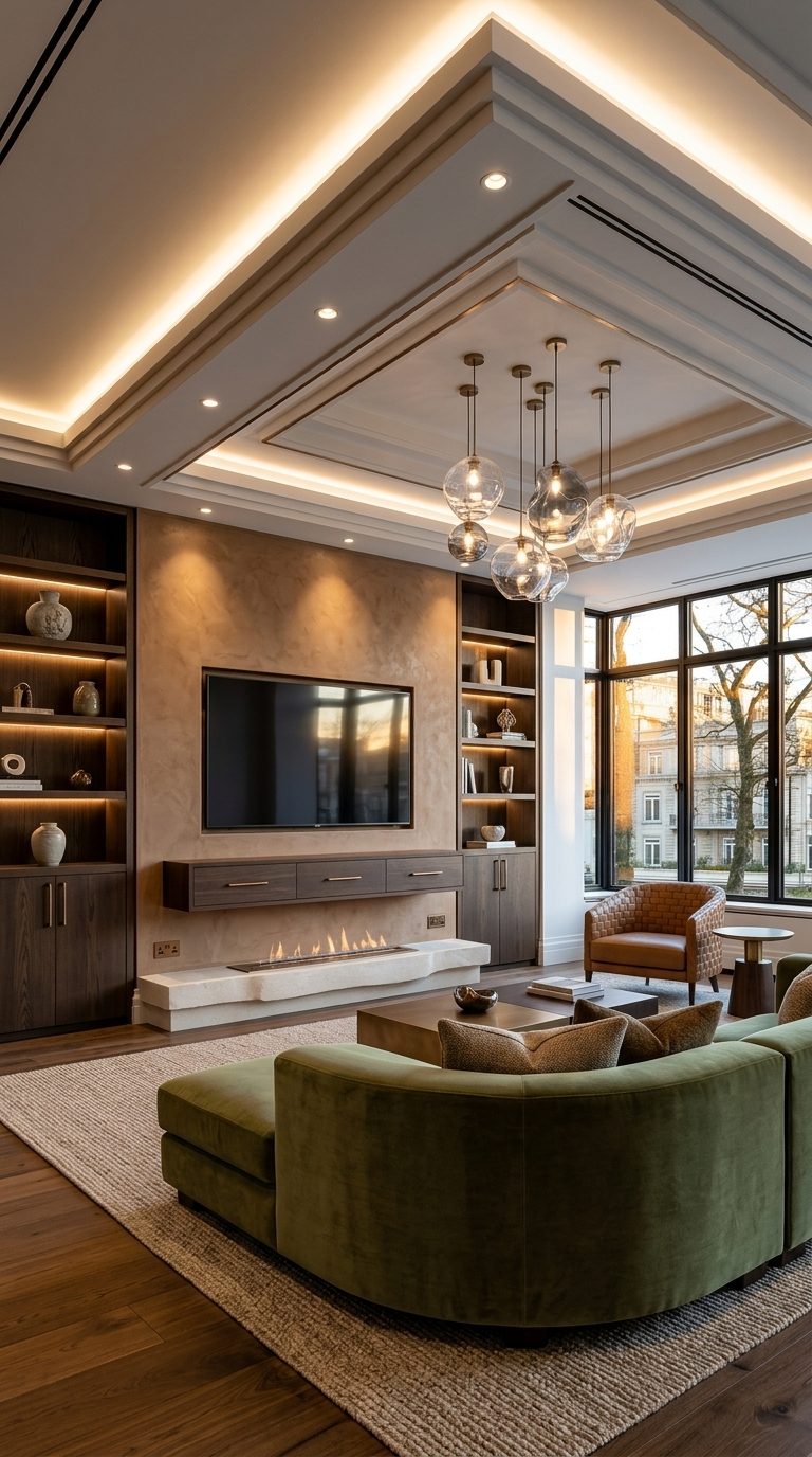 Organic luxe media wall with clay plaster surround, sculptural limestone fireplace and dark oak shelving