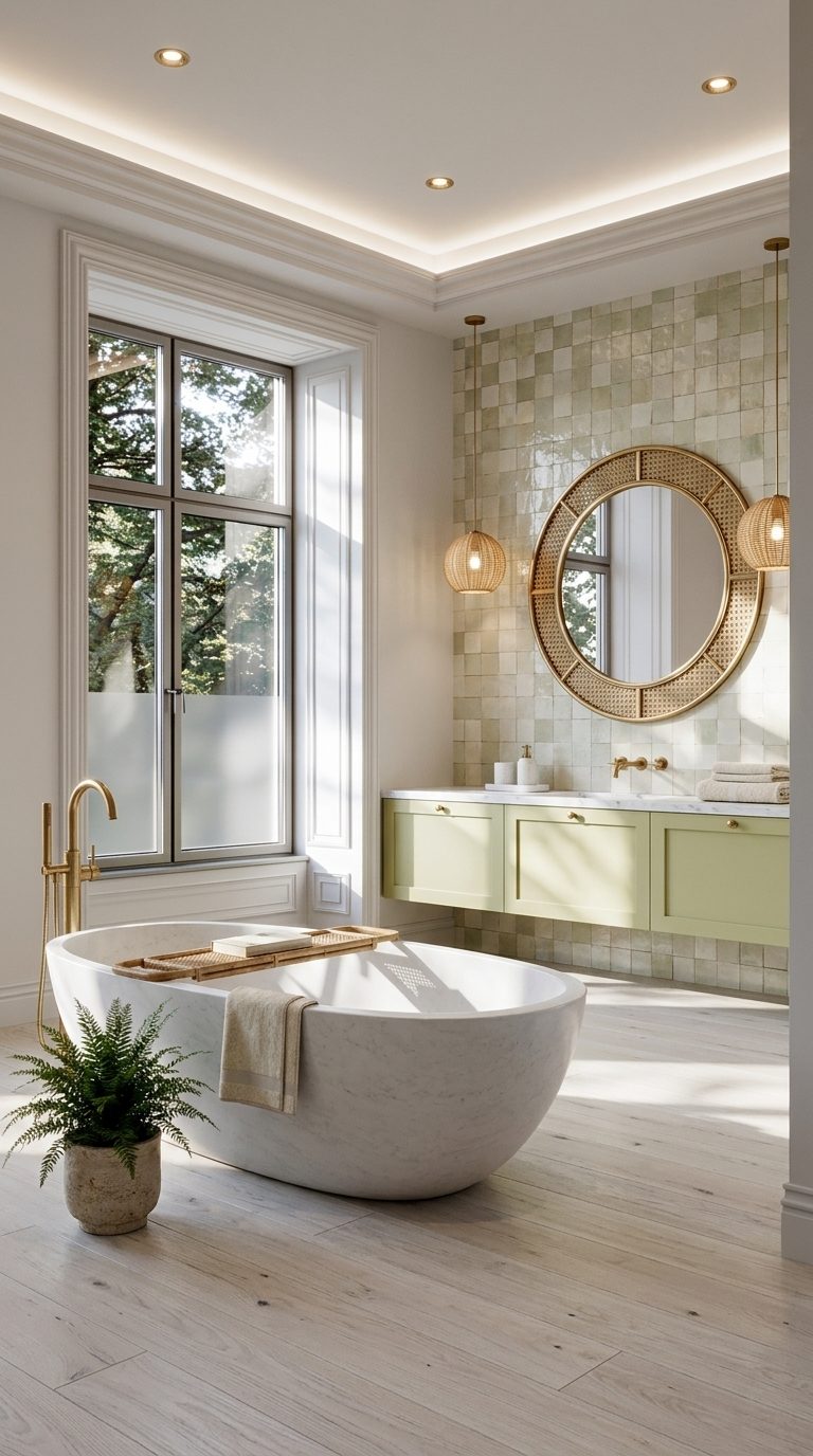 Pistachio and cane bathroom with white stone bath, rattan tray, rattan-framed mirror and chartreuse vanity