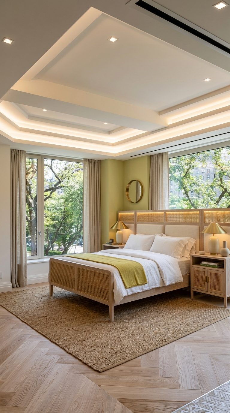 Pistachio and cane bedroom with rattan bed frame, LED-lit rattan inlay headboard and chartreuse throw