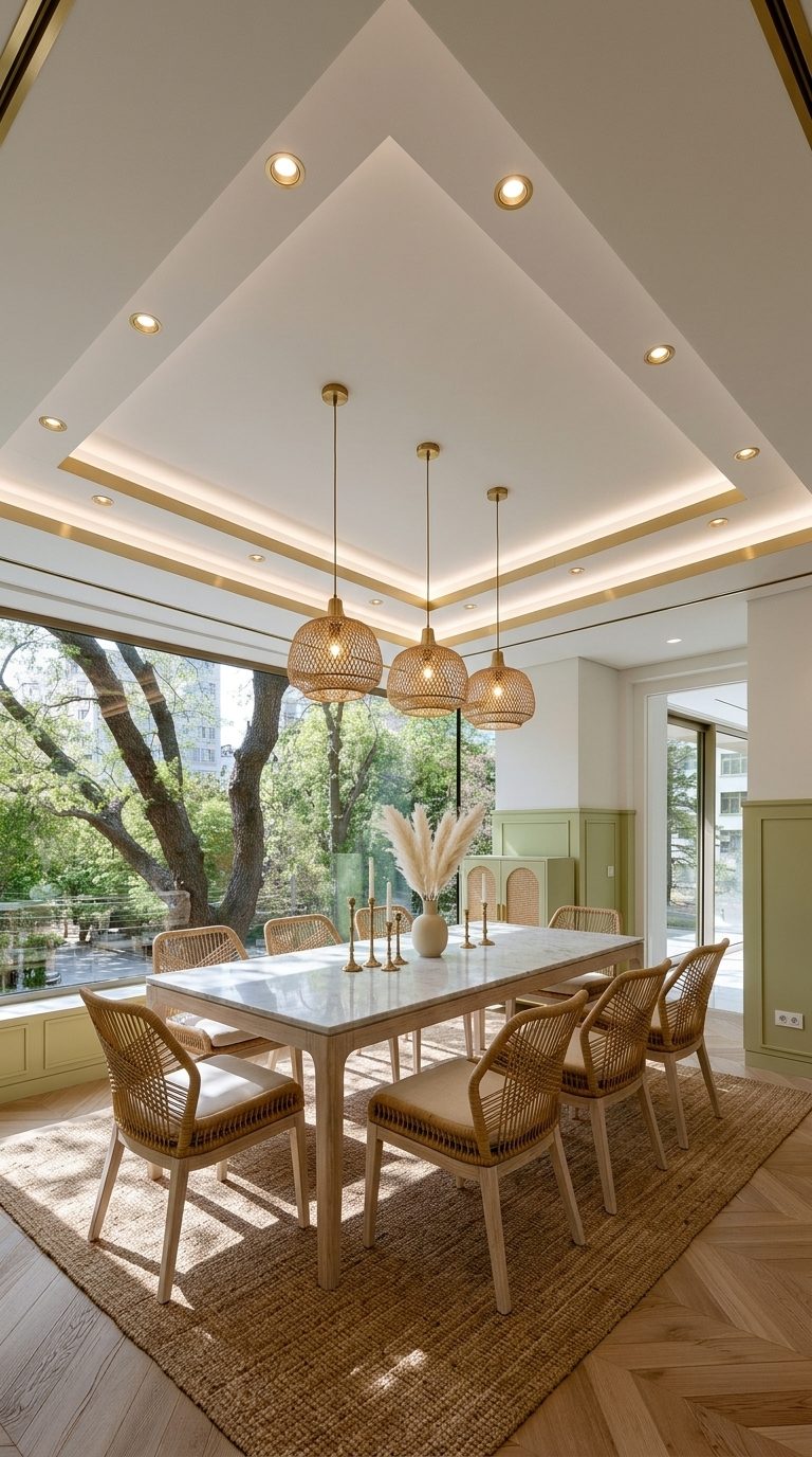Pistachio and cane dining room with Carrara-topped oak table, rattan chairs and rattan shade pendants