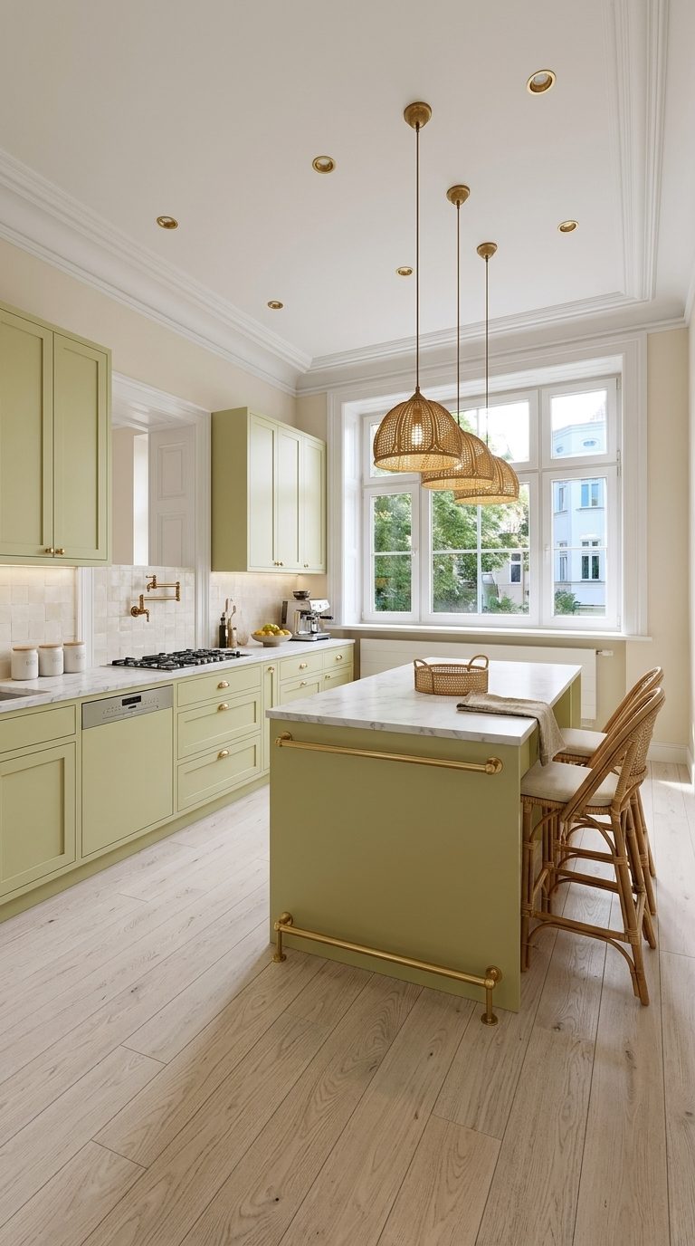 Pistachio and cane kitchen with chartreuse flat-panel cabinets, Carrara marble and rattan shade pendants