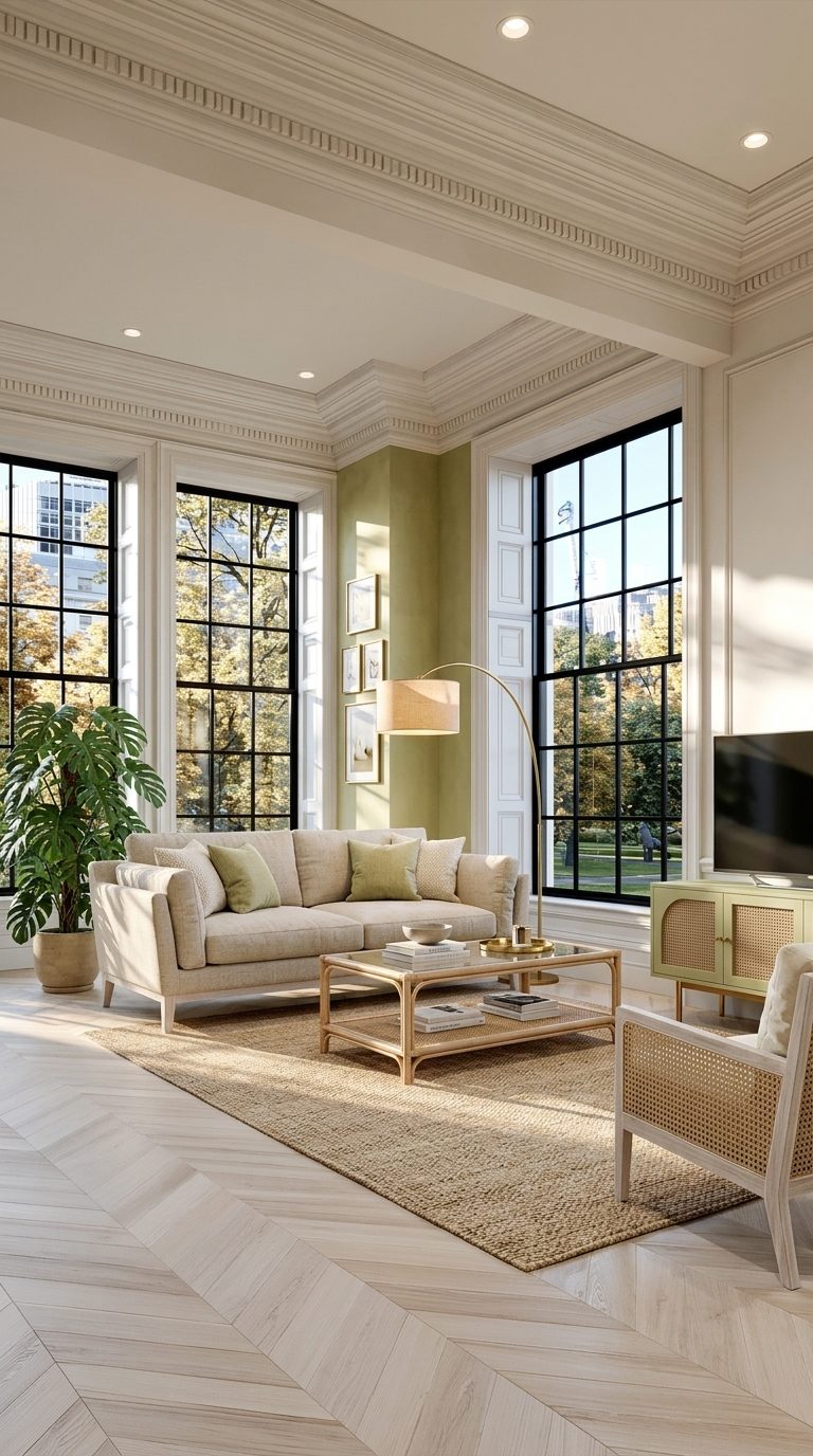 Pistachio and cane living room with raw linen sofa, rattan coffee table and cane accent chair