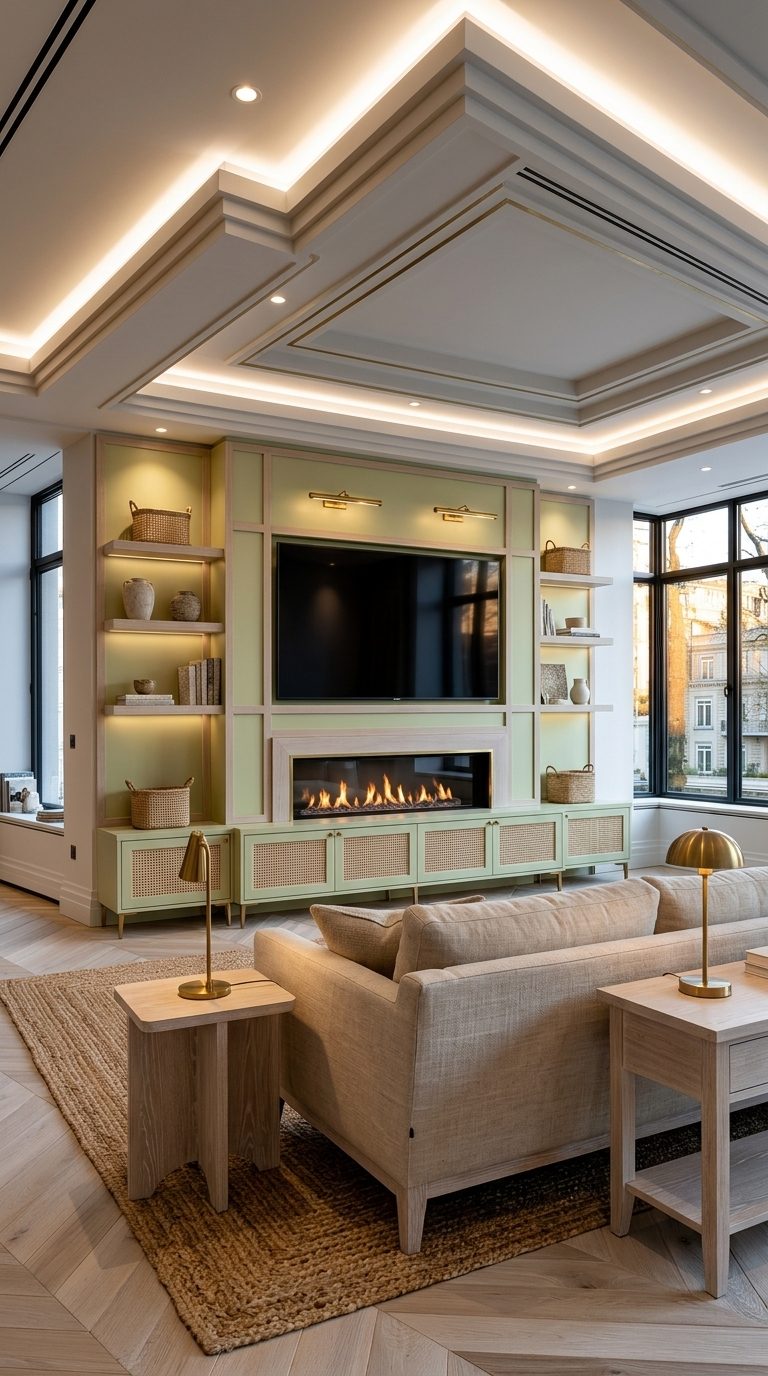 Pistachio and cane media wall with chartreuse panelling, bioethanol fireplace and cane-fronted cabinet