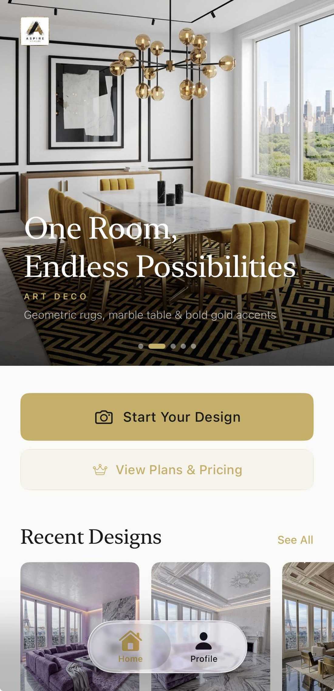 Aspire Interiors app start screen showing the option to begin a new AI room design