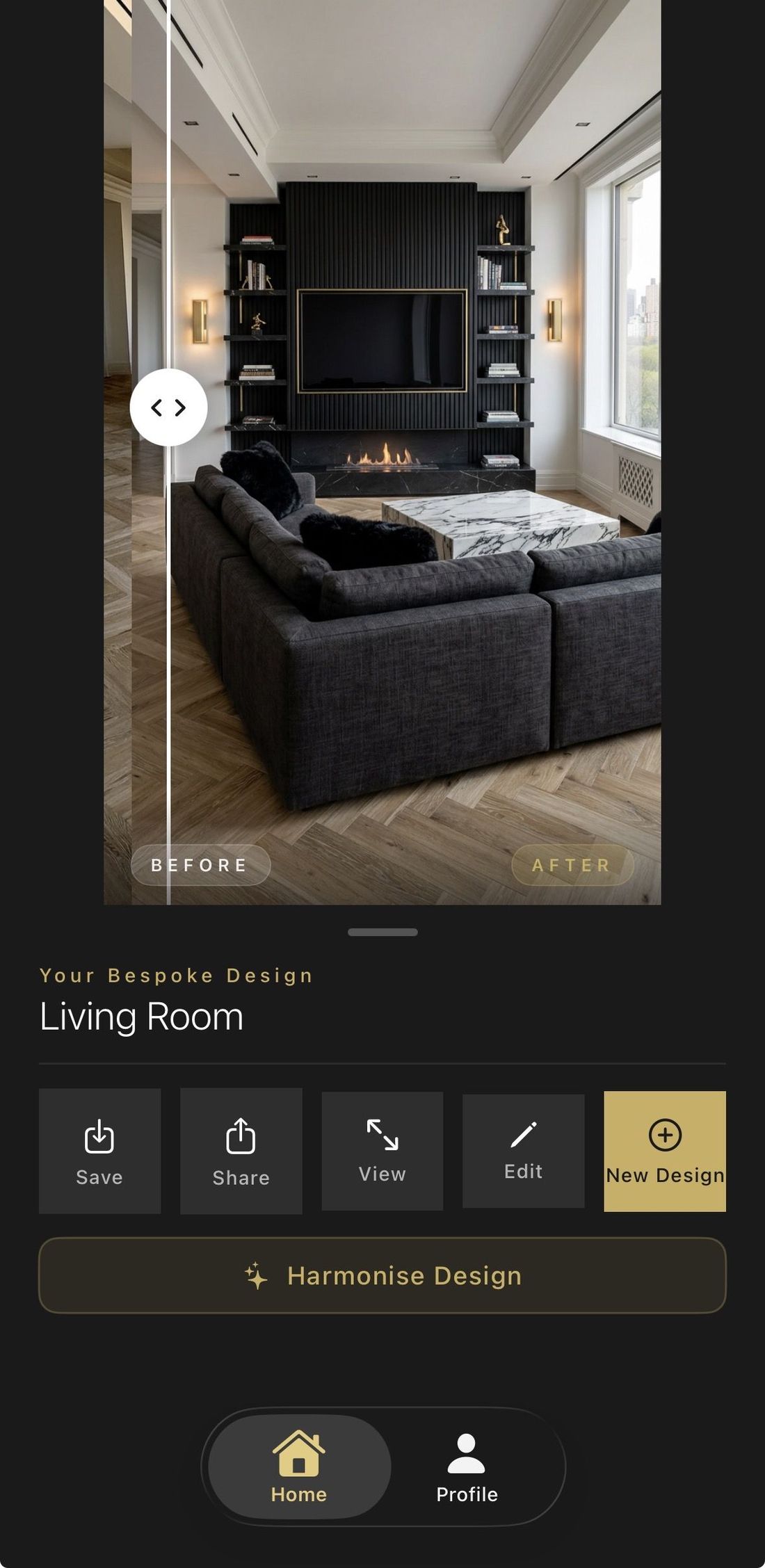 Aspire Interiors app showing the final AI-generated room design