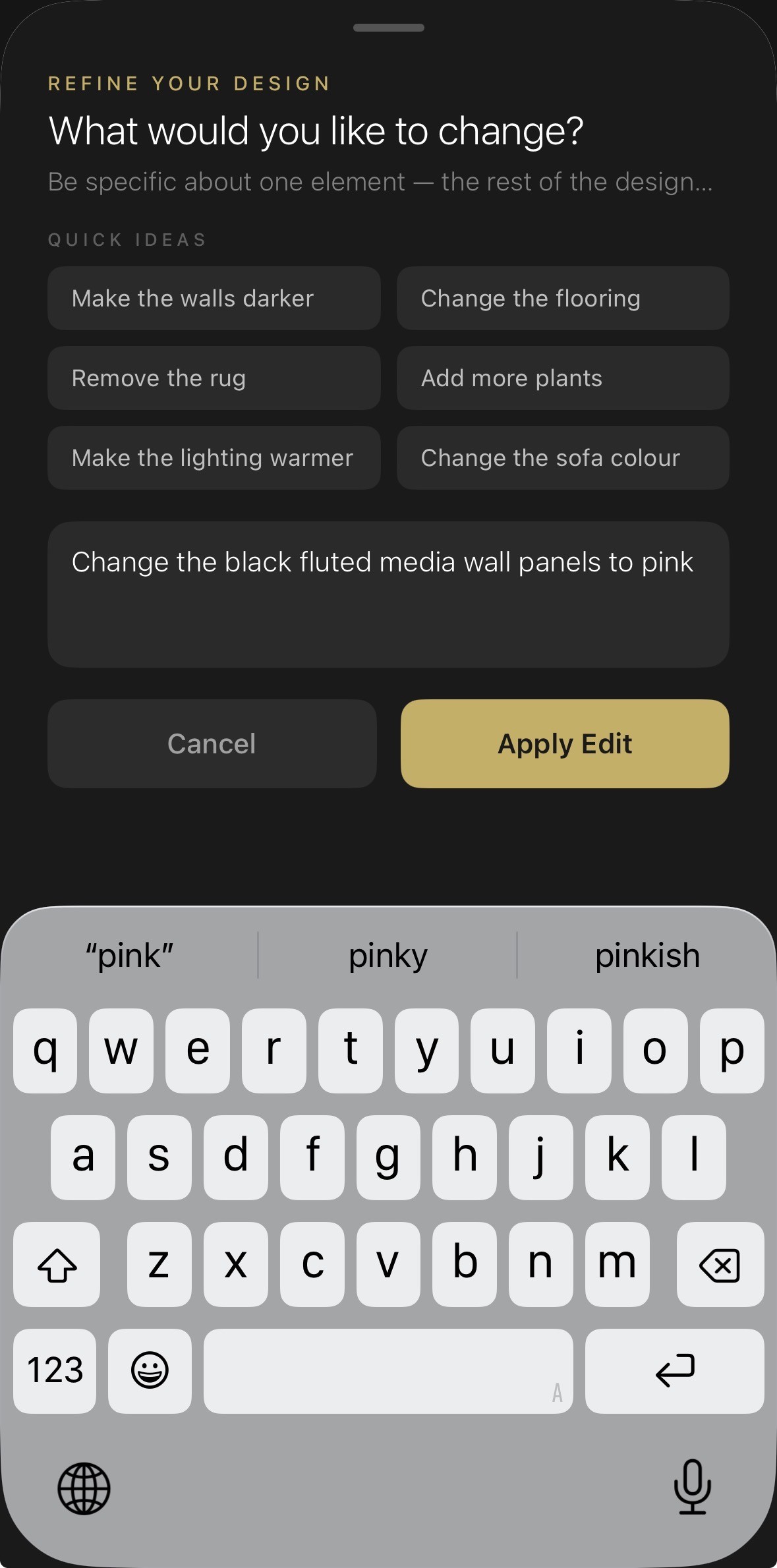 Aspire Interiors edit feature showing a request for pink media wall panels after generation