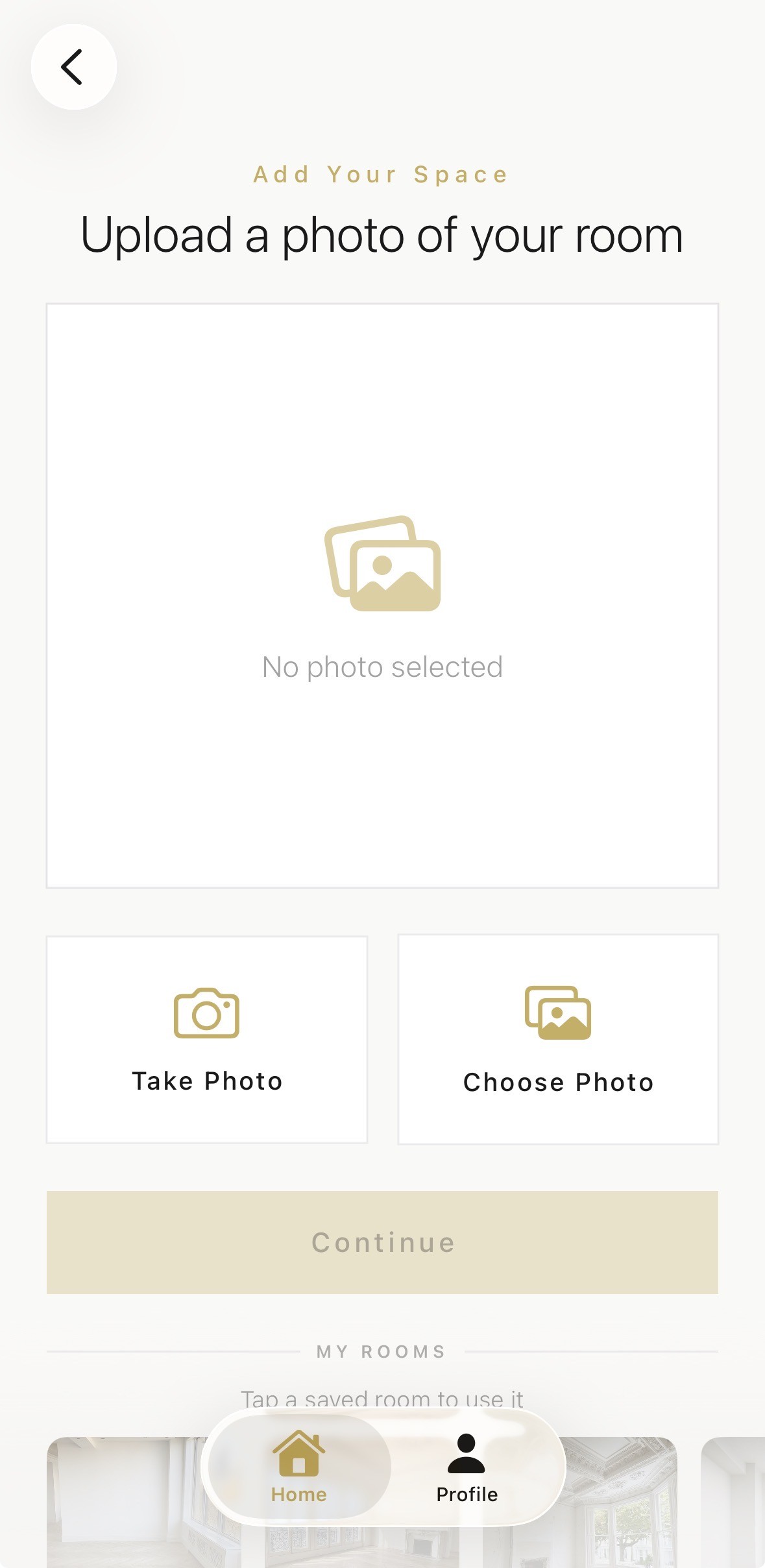Aspire Interiors app upload screen for adding a photo of your room