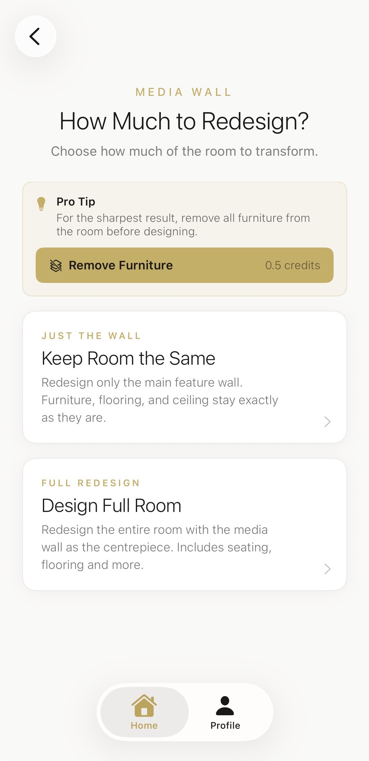 Aspire Interiors app screen showing the full room design option selected