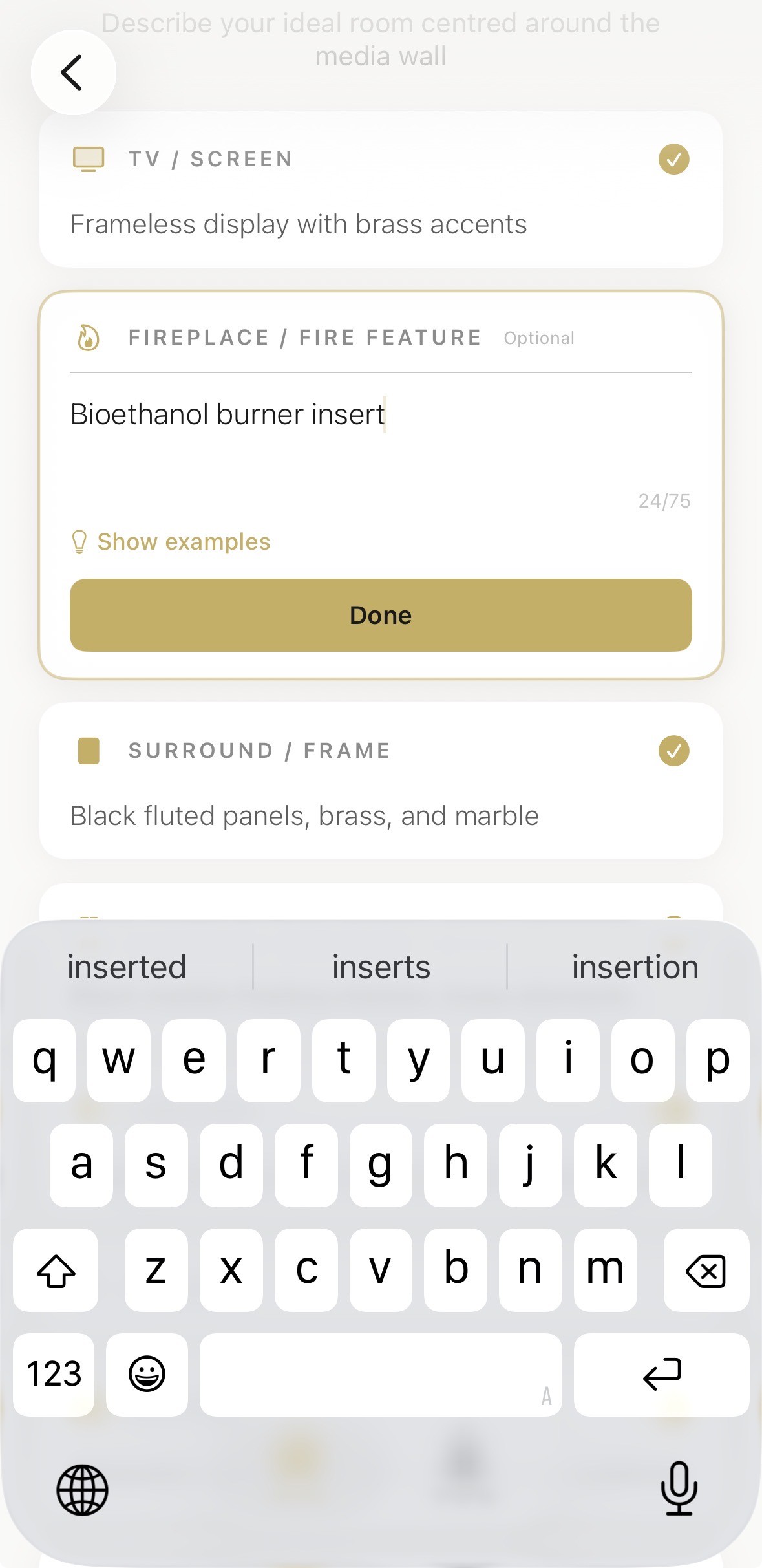 Aspire Interiors app showing manual options, including adding a bioethanol burner insert to the design