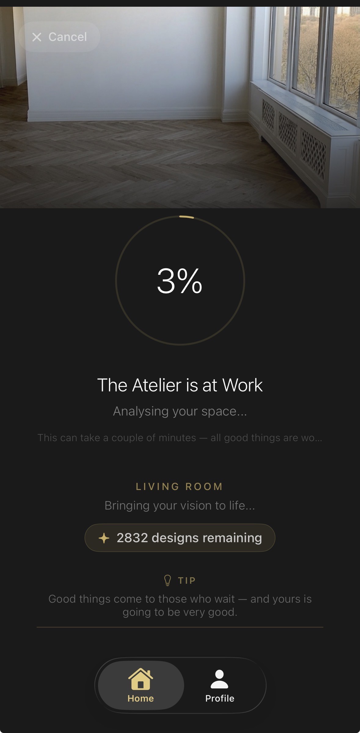 Aspire Interiors app screen showing the AI generating the bespoke room design