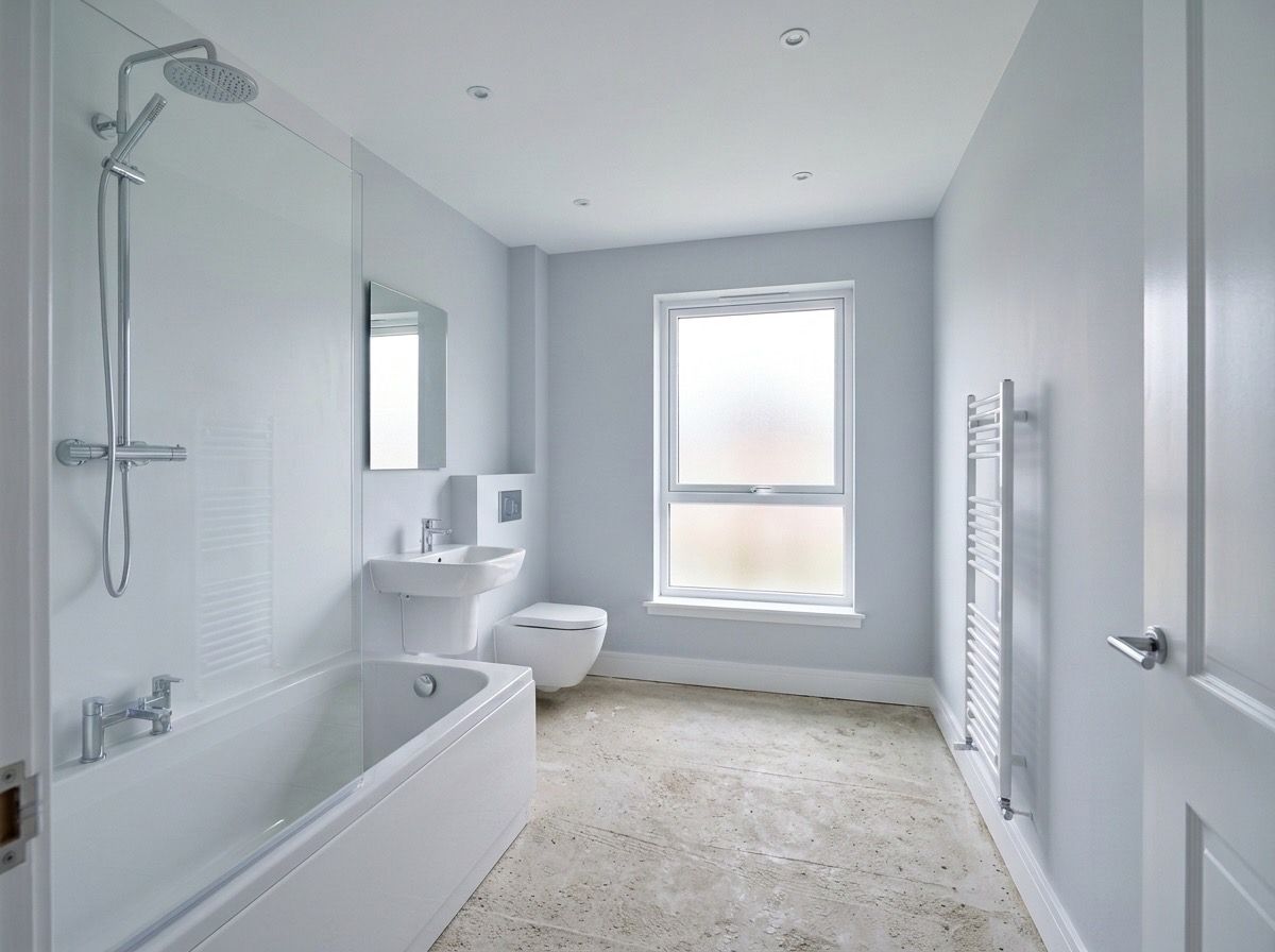Dated bathroom before AI redesign — pale grey walls, white suite and bare screed floor