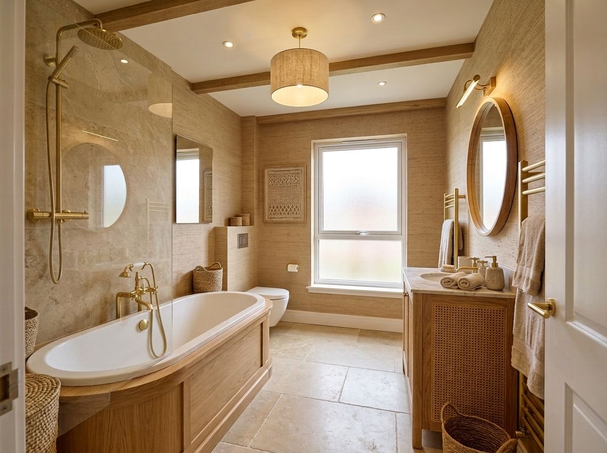 Heritage Weave bathroom after AI redesign — oak-surround bath, brass fixtures, grasscloth walls, round oak mirror