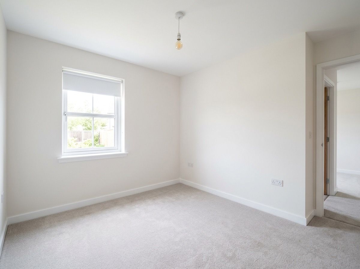Empty bedroom before AI redesign — bare walls, carpet and a single pendant bulb