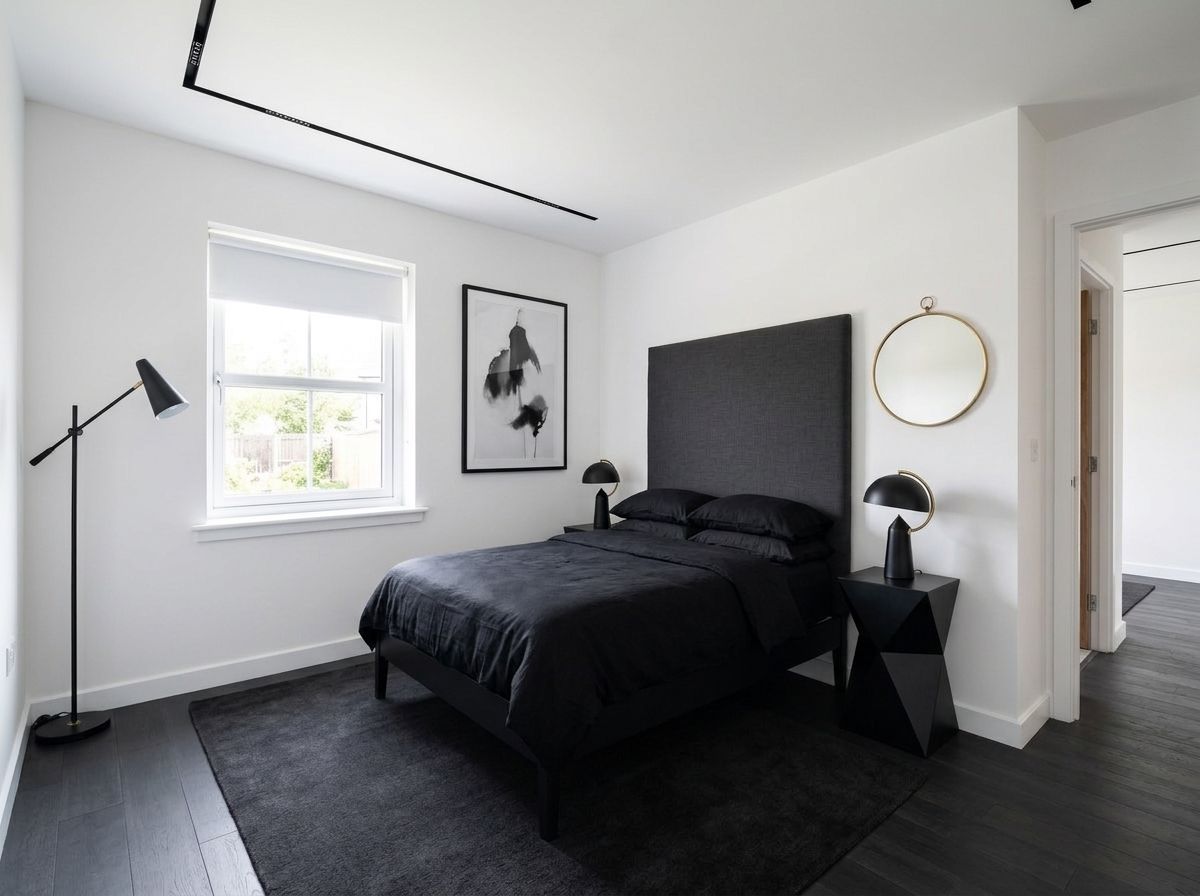High-contrast minimalism bedroom after AI redesign — black platform bed, charcoal linen headboard, monochrome canvas