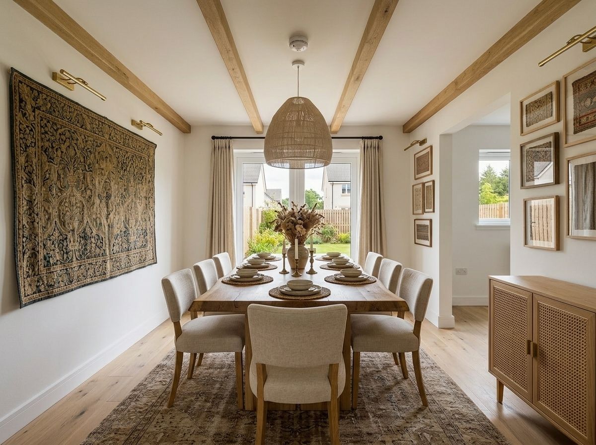 Heritage Weave dining room after AI redesign — live-edge oak table, linen chairs, antique tapestry, framed textile gallery