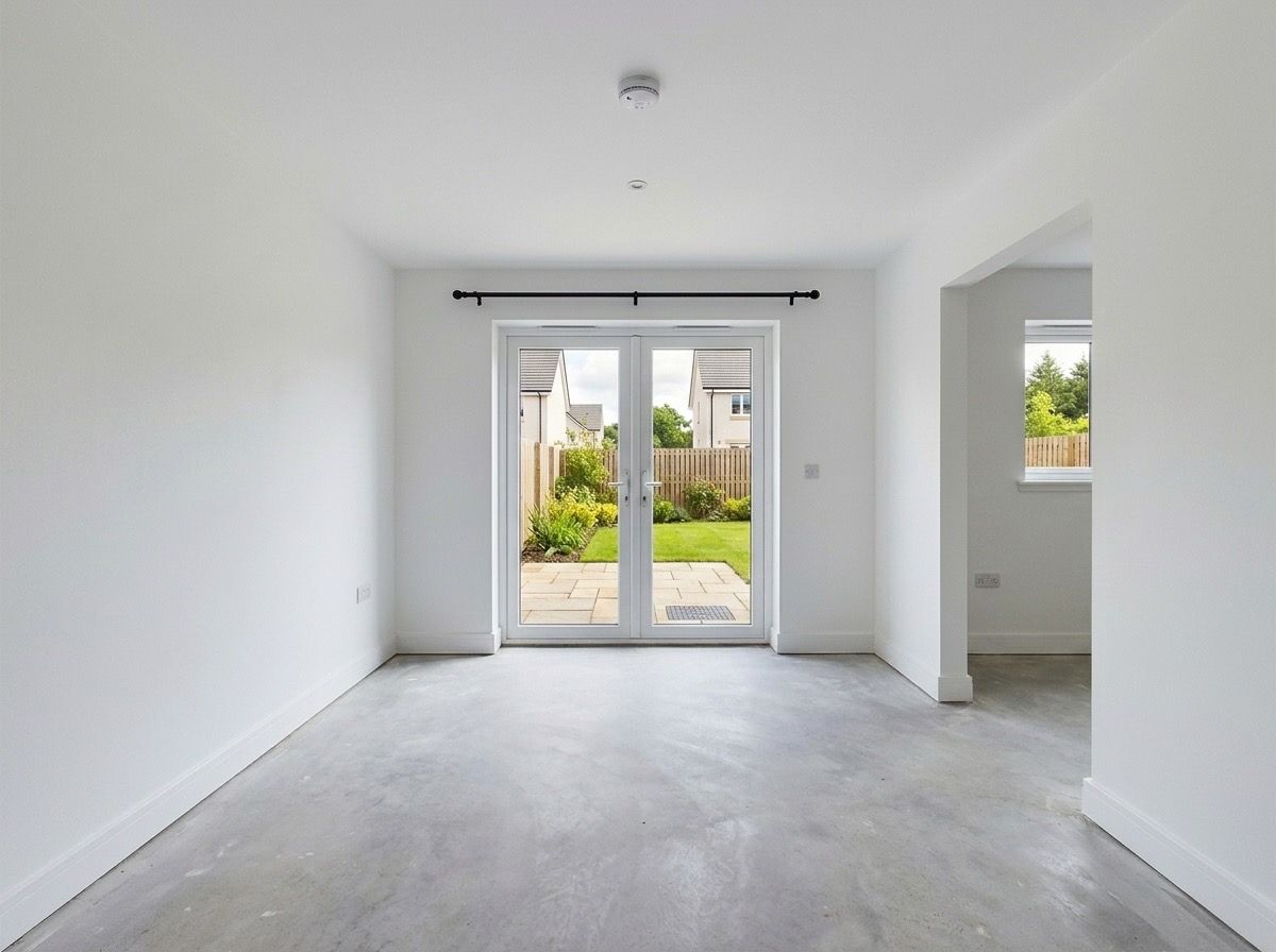 Empty dining room before AI redesign — bare walls, screed floor and garden French doors