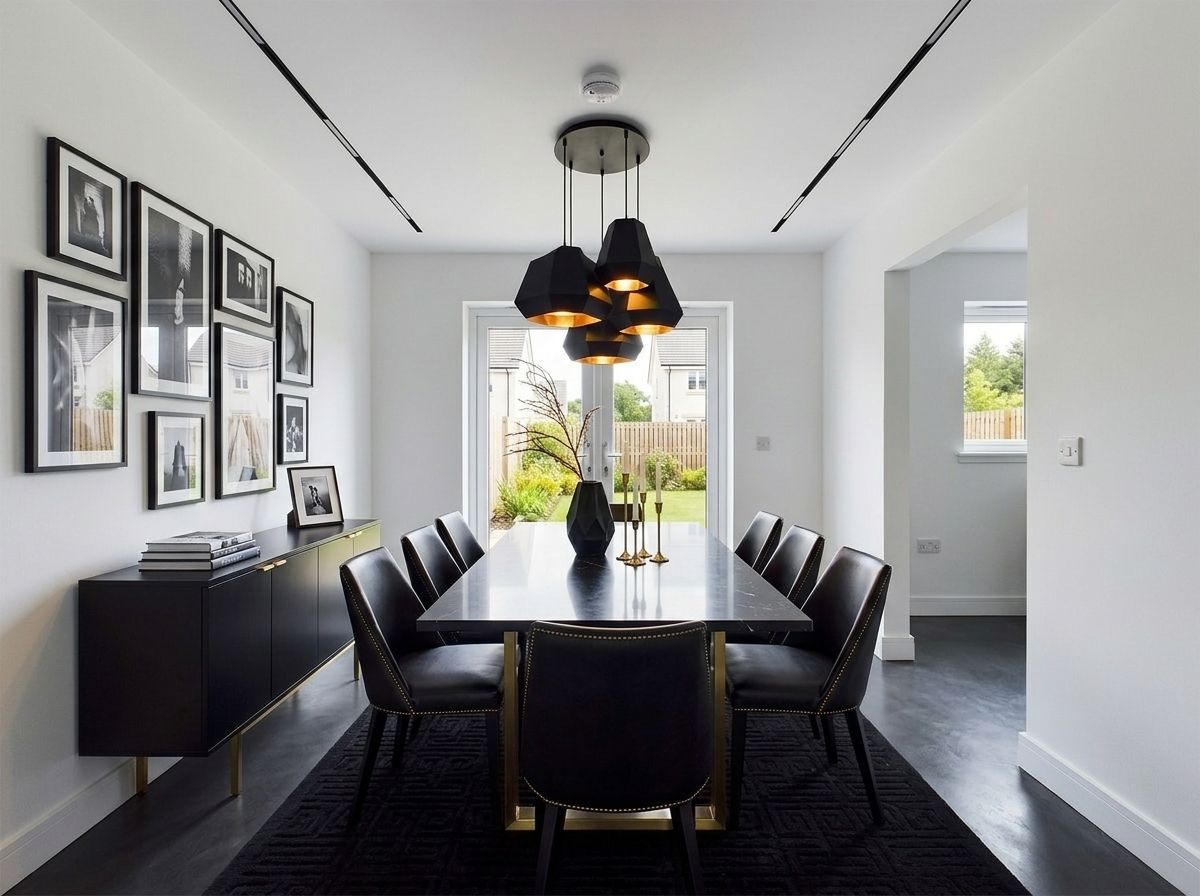 High-contrast minimalism dining room after AI redesign — black marble table, brass-trimmed chairs, pendant cluster