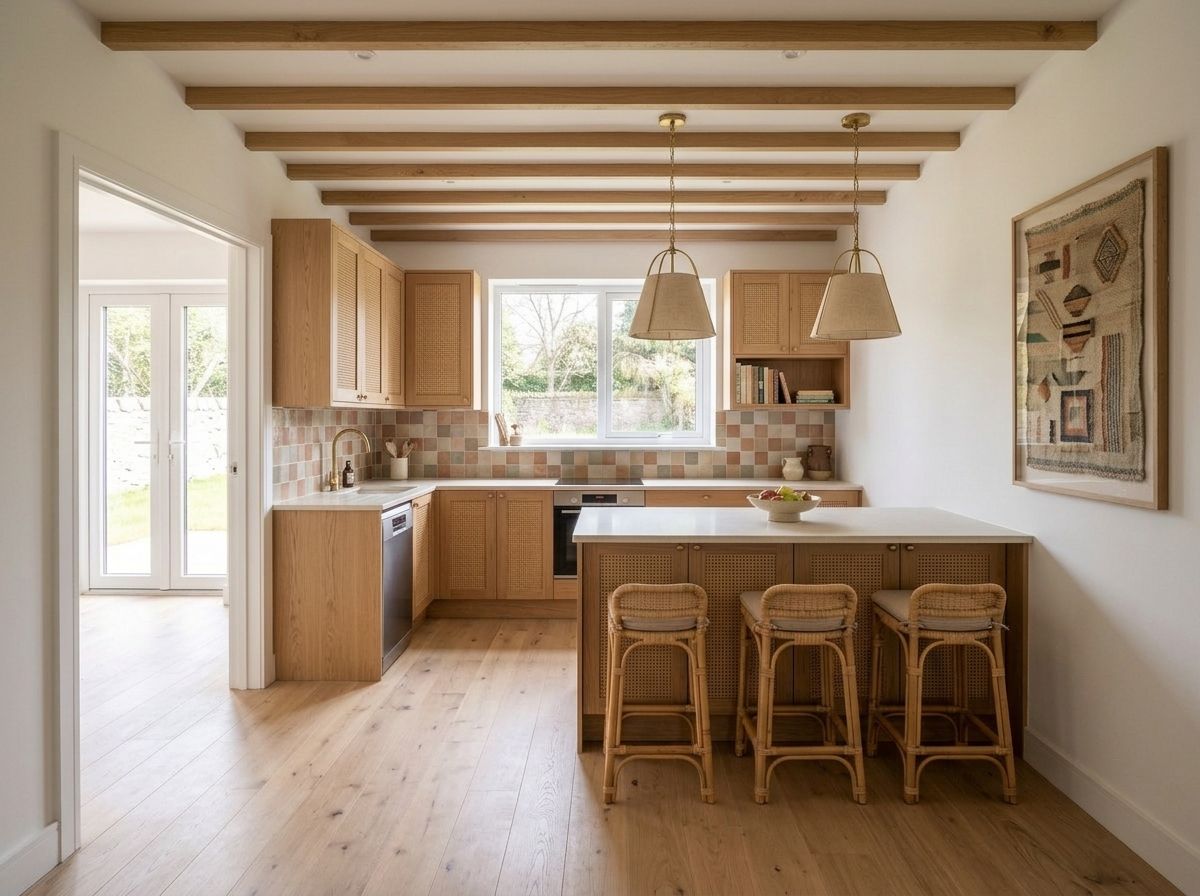 Heritage Weave kitchen after AI redesign — oak and rattan cabinetry, linen pendants, framed vintage textile