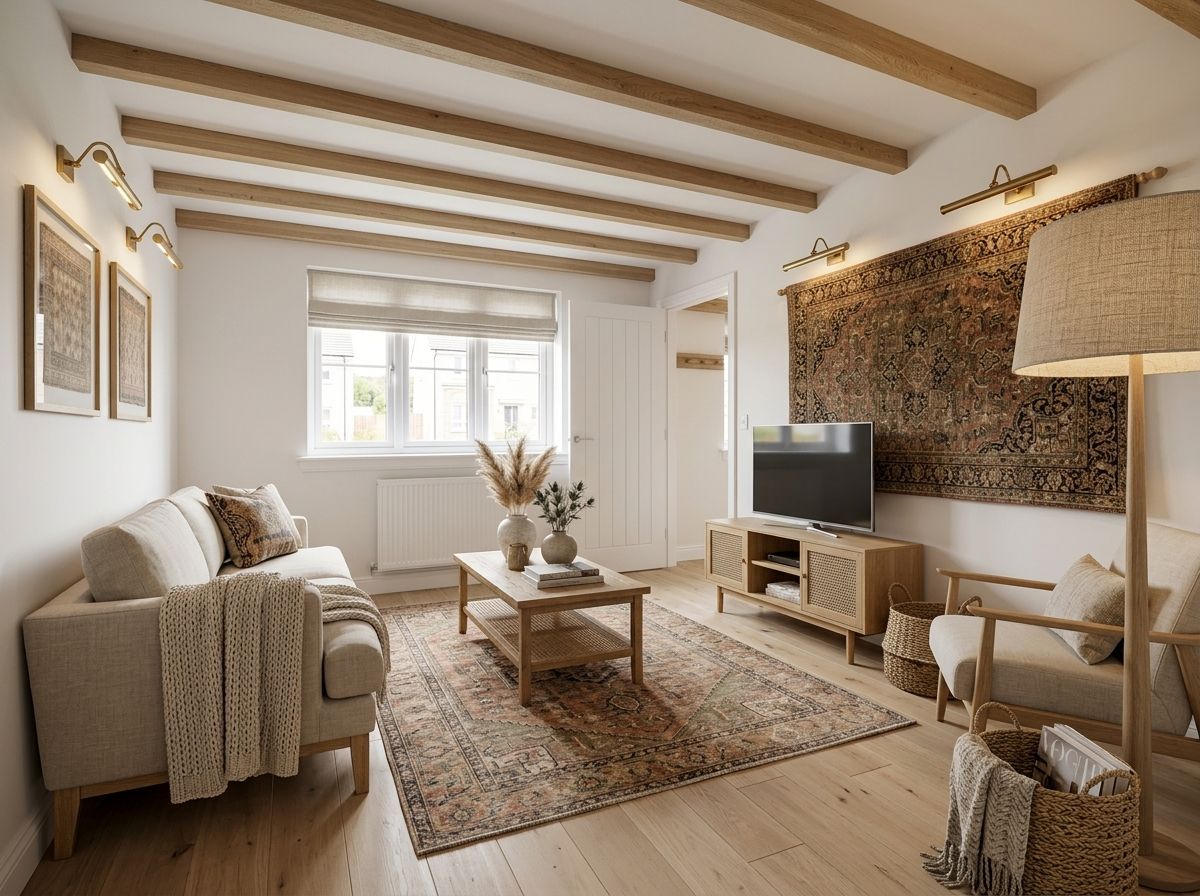 Heritage Weave living room after AI redesign — antique tapestry, oatmeal linen sofa, oak and rattan, picture lights