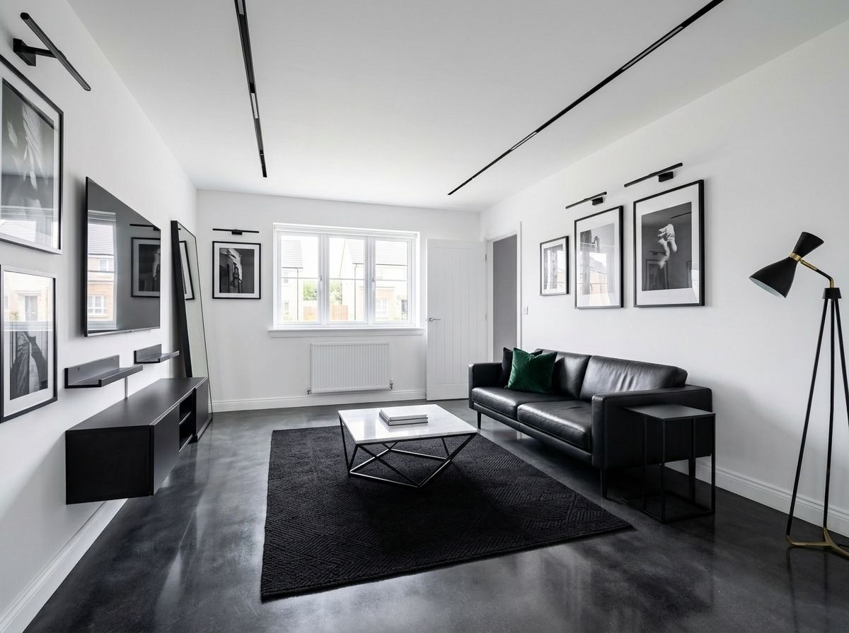 High-contrast minimalism living room after AI redesign — black leather sofa, marble coffee table, monochrome gallery wall