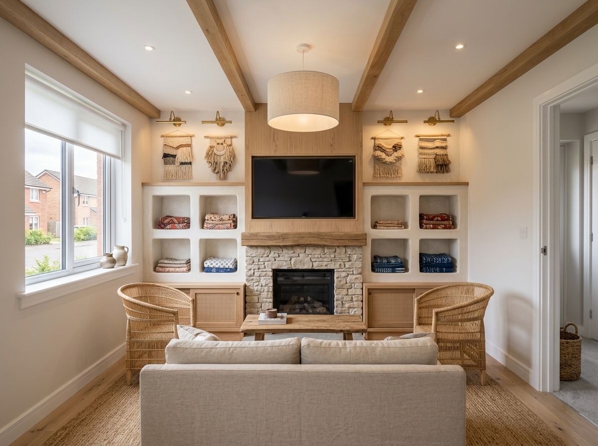 Heritage Weave media wall: stone, weave and a proper hearth (before & after)