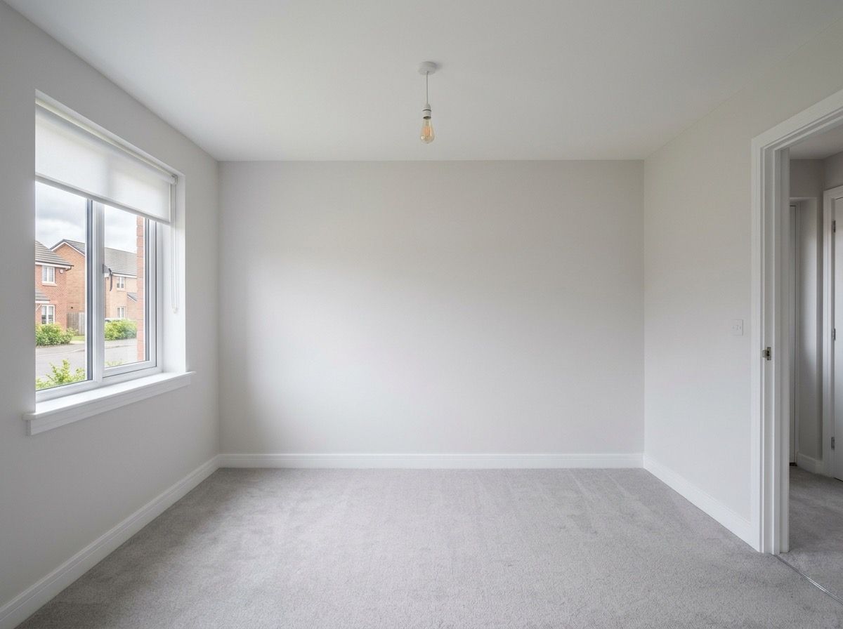 Empty living room before AI media wall redesign — bare walls, carpet and a single pendant bulb