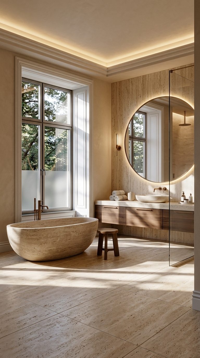 Serene luxe bathroom with freestanding travertine bath, walnut vanity and LED-backlit round mirror