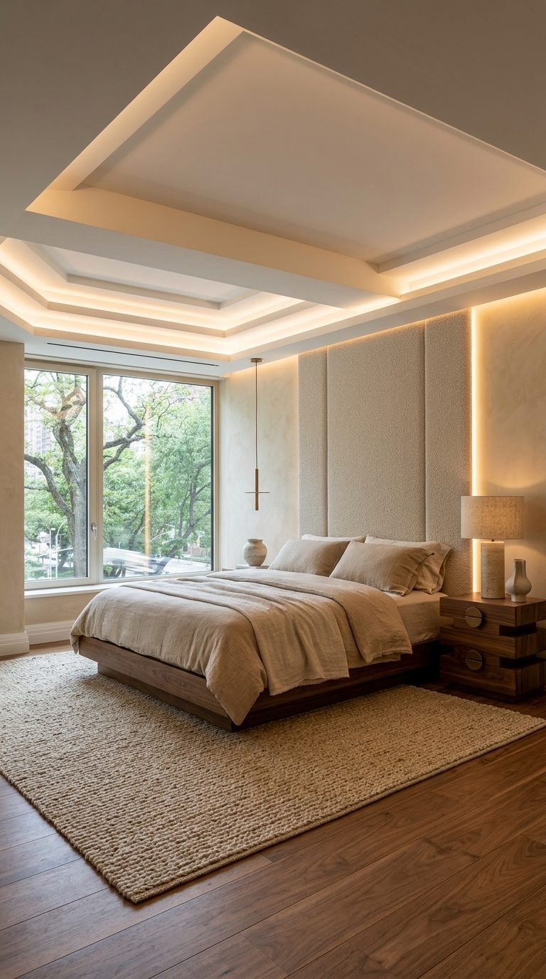 Serene luxe bedroom with walnut platform bed, boucle headboard wall and hidden LED glow