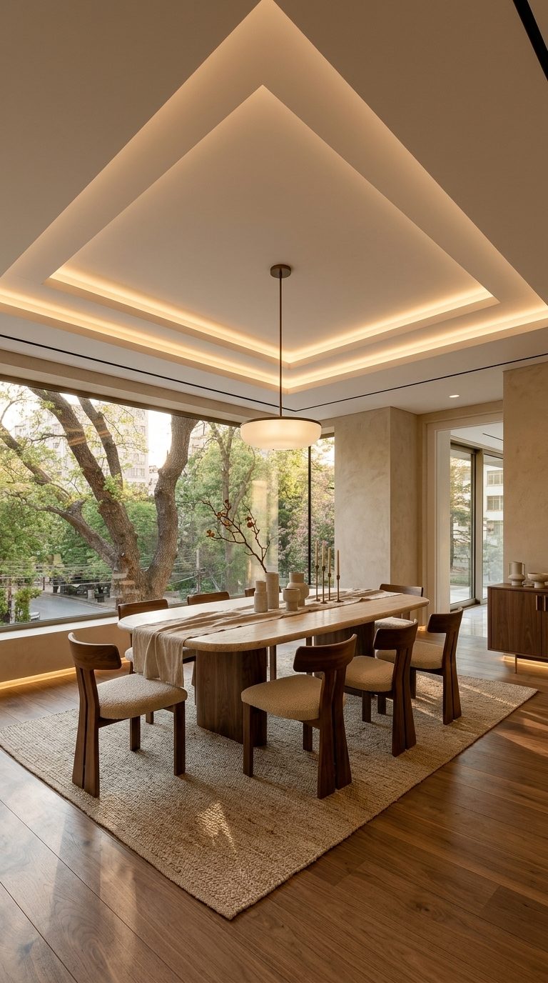 Serene luxe dining room with oval travertine table, walnut chairs with boucle seats and bronze pendant
