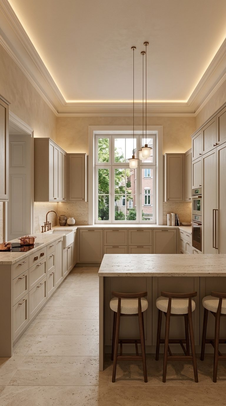 Serene luxe kitchen with oatmeal cabinetry, travertine worktops and bronze pendants