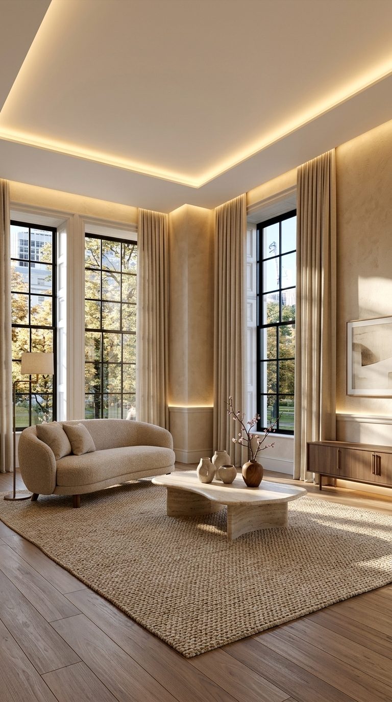Serene luxe living room with low boucle sofa, sculptural travertine coffee table and linen curtains