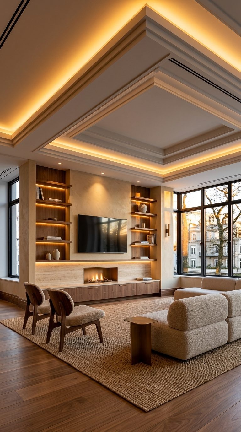 Serene luxe media wall with travertine fireplace, walnut shelving with LED and boucle seating