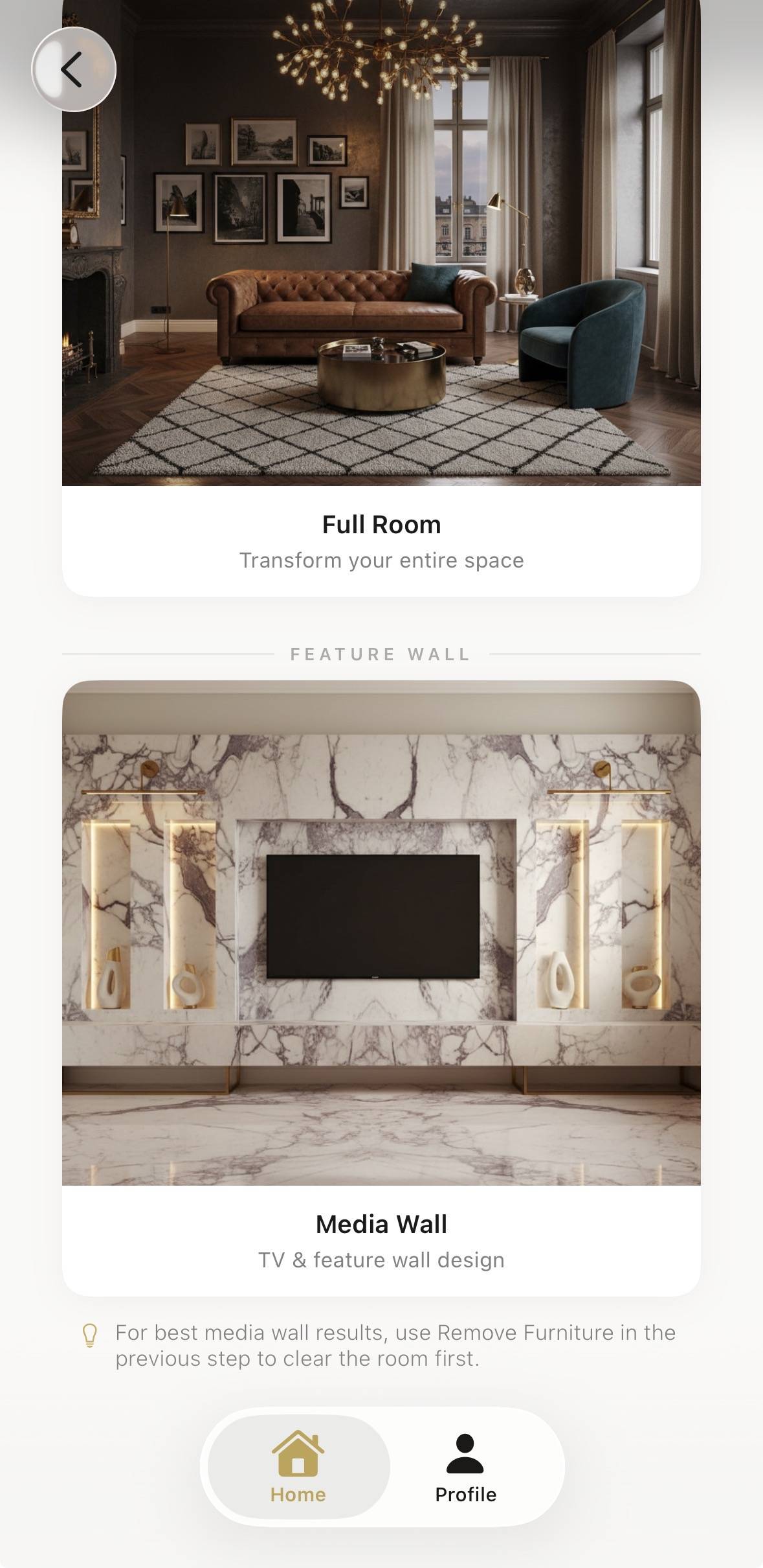 Select media wall option instead of full room design