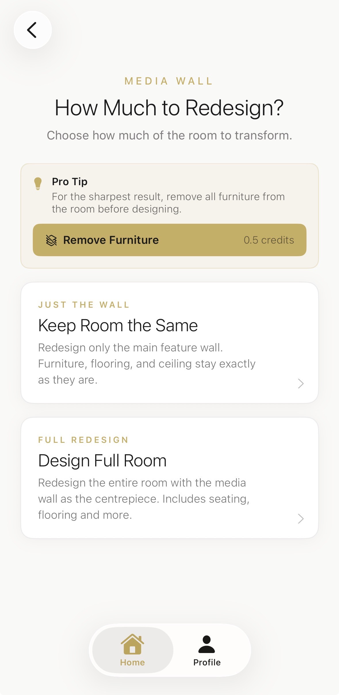 Choose between keeping the room the same or redesigning elements