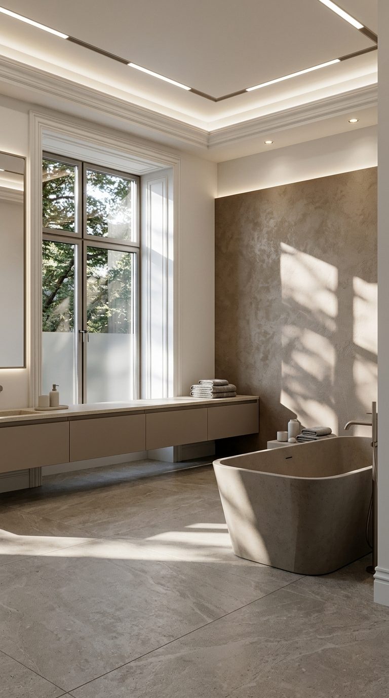 Warm taupe minimalist bathroom with concrete-effect bath, floating vanity and textured plaster wall