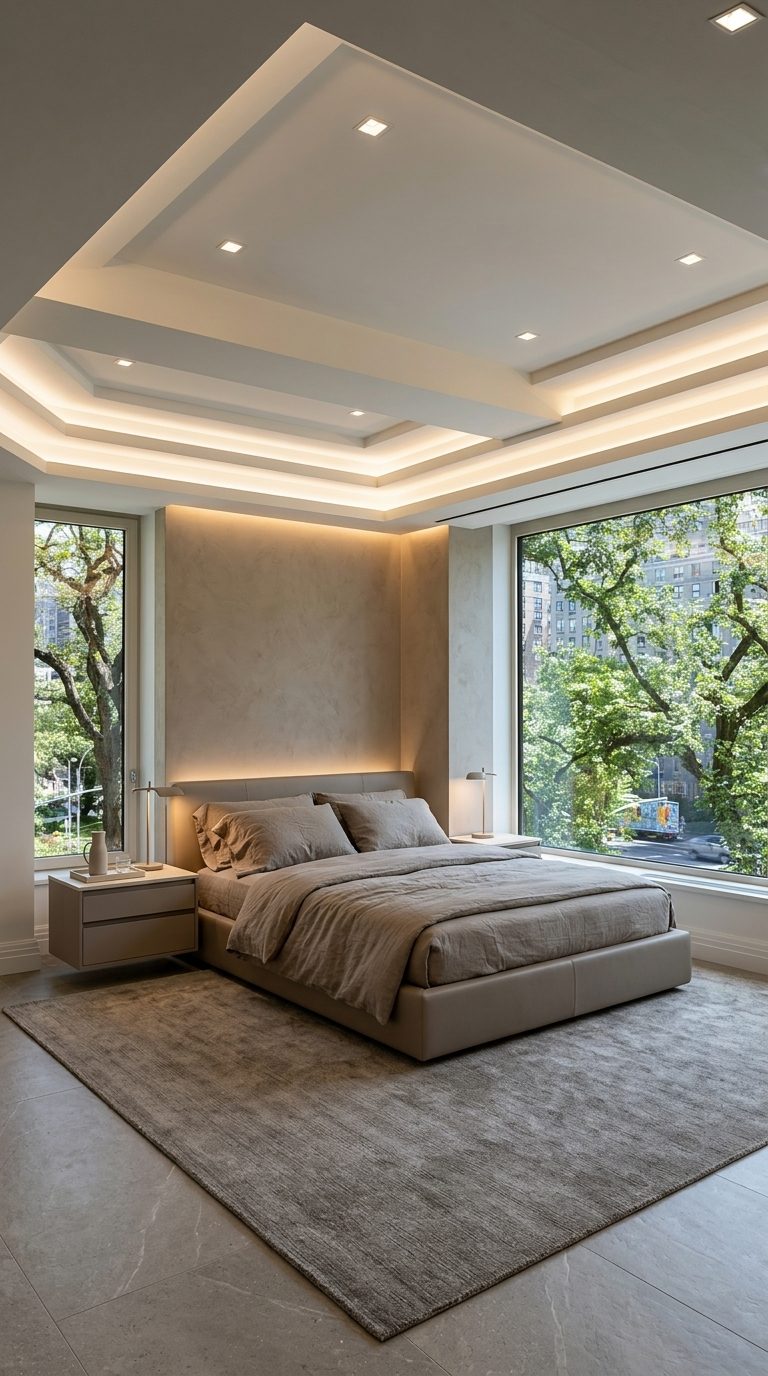 Warm taupe minimalist bedroom with platform bed, floating nightstands and LED-lit plaster headboard