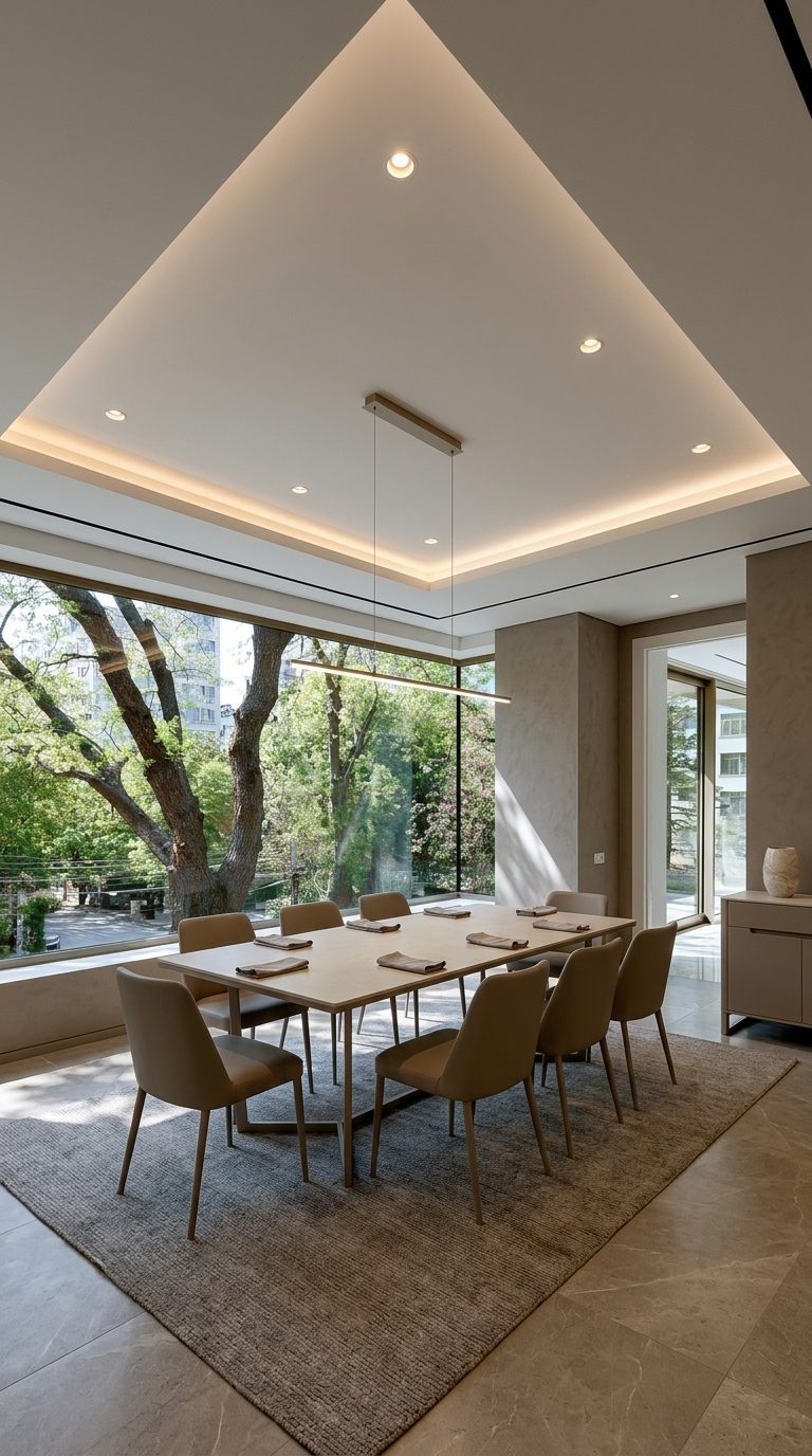 Warm taupe minimalist dining room with quartz dining table, taupe chairs and textured plaster wall