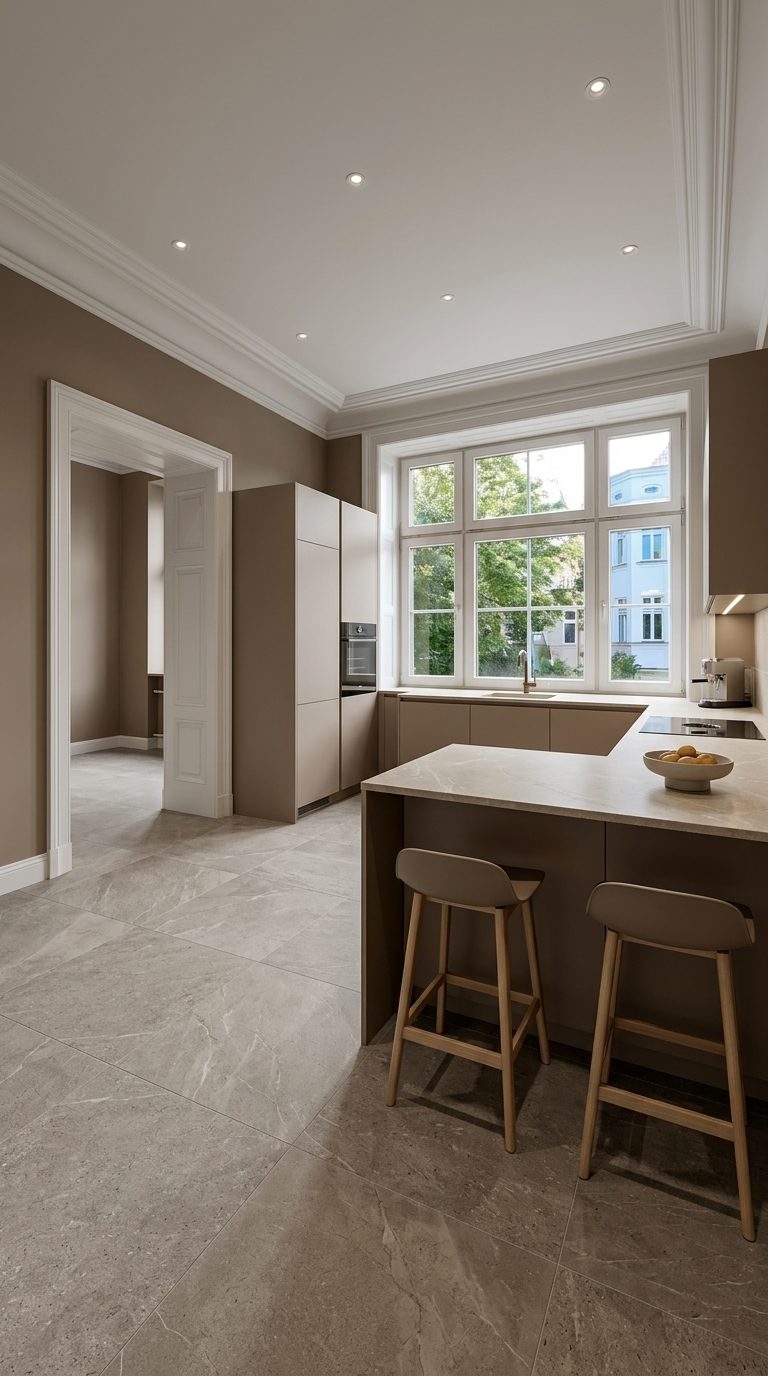 Warm taupe minimalist kitchen with handleless cabinets, quartz worktops and peninsula seating