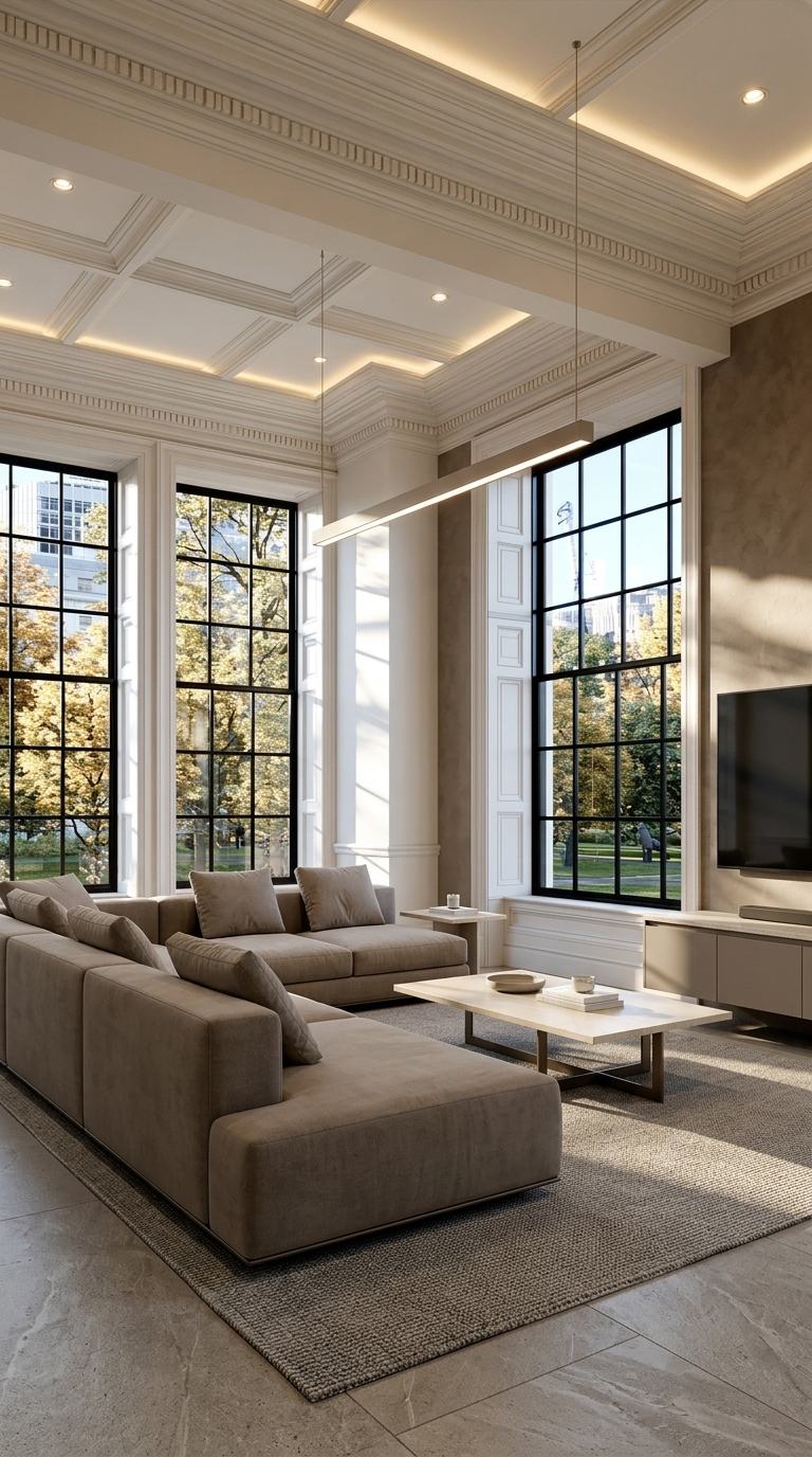 Warm taupe minimalist living room with modular sofa, quartz coffee table and linear LED pendant